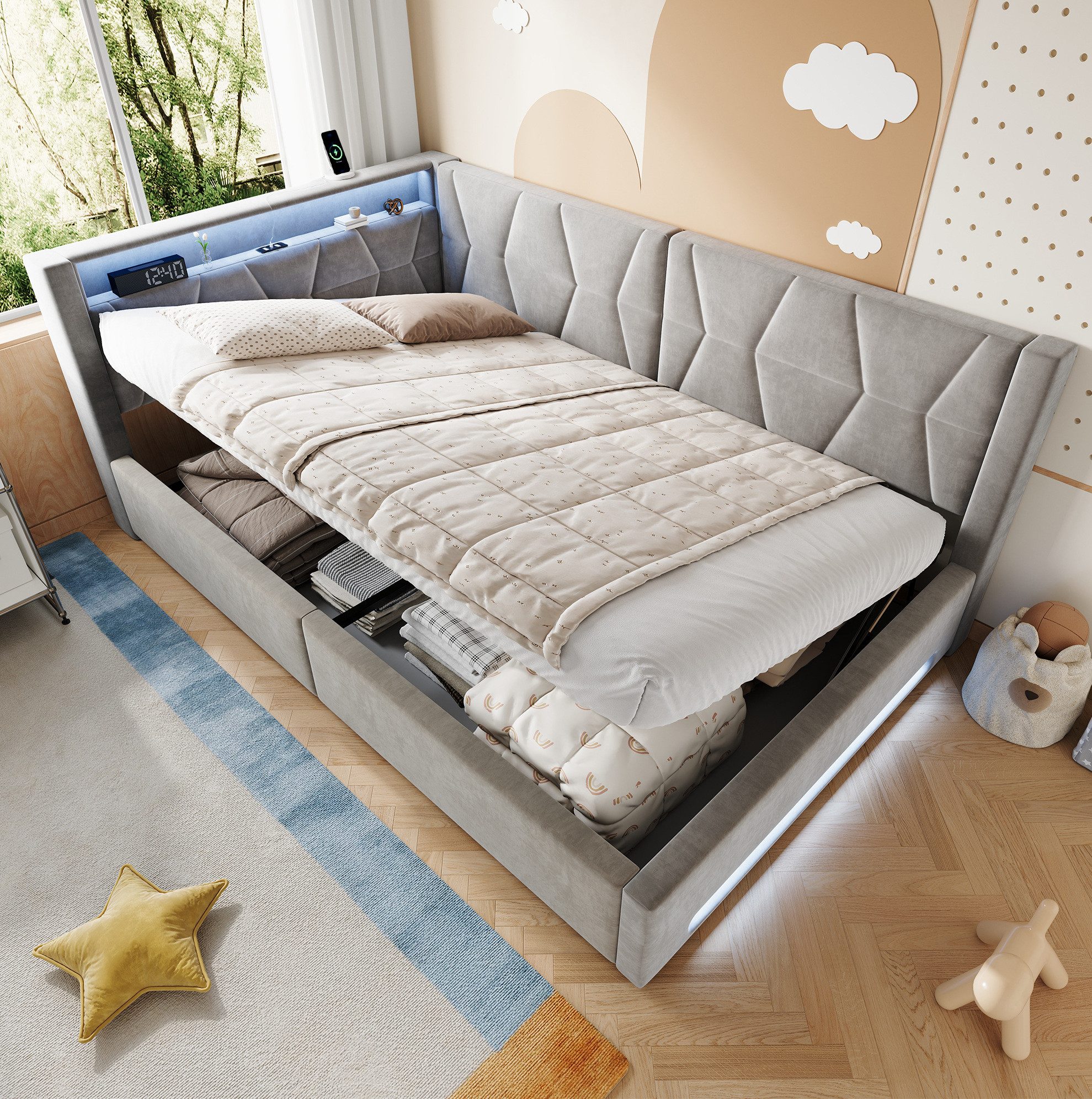 OKWISH Schlafsofa Polsterbett, mit Stauraum und Samtbezug, 140x200 cm Funktionsbett mit LED-Licht an Kopf- und Fußteil, USB-C Anschluss, hydraulischem Bettkasten und Lattenrost, ohne Matratze