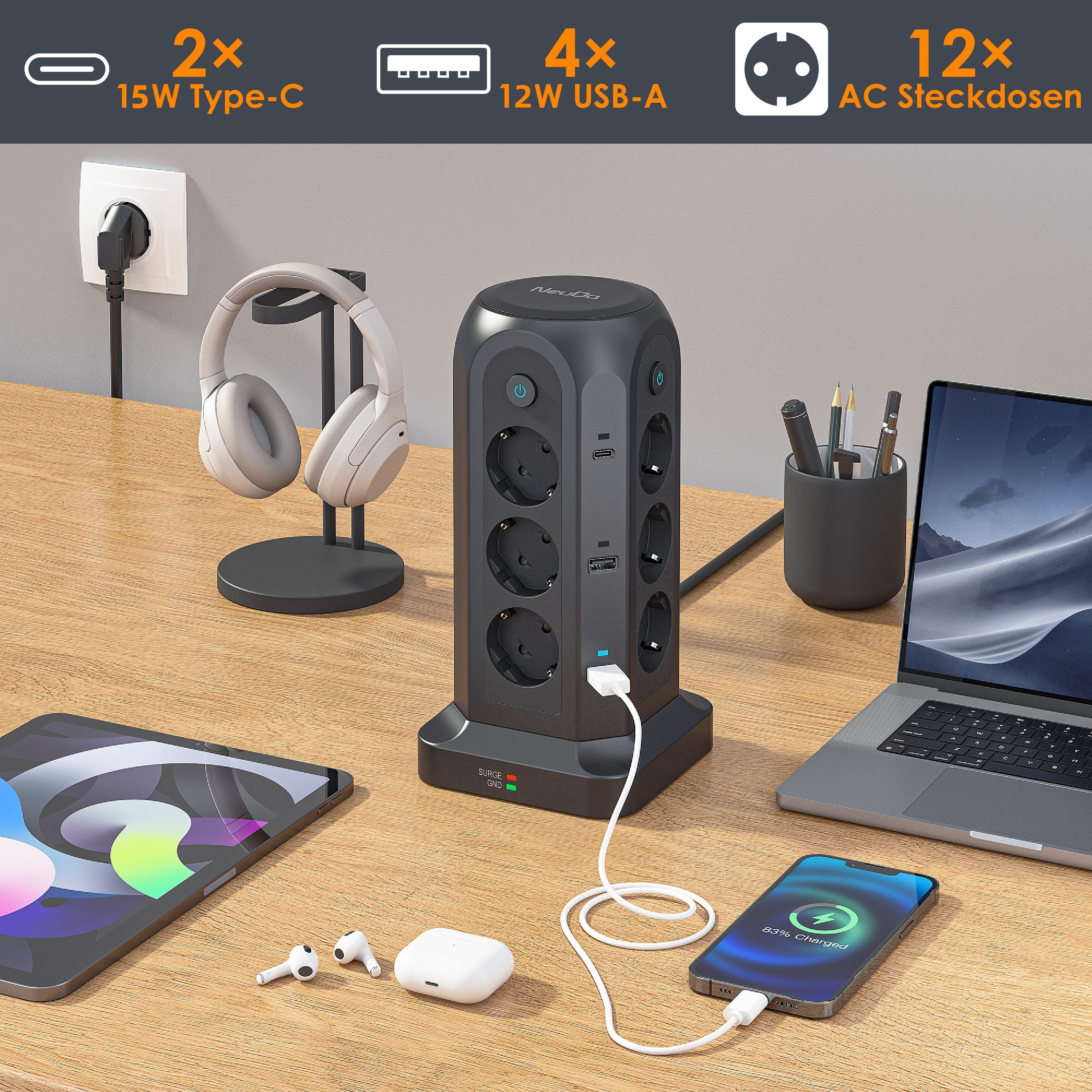 neue dawn 12fach Mehrfachsteckdose USB C 4000W Steckdosenleiste Steckdosenwürfel Mehrfachsteckdose 12-fach (Einzeln Schaltbar, USB-Anschlüsse, 4*USB-A, 2*USB-C,12*Steckdose, Grünes Licht leuchtet bei Blitz, mit Sicherheitsanzeigeleuchten, mit überspannungsschutz, Kabellänge 2 m), mit usb mehrfach,Steckdosenturm,Verlängerungskabel