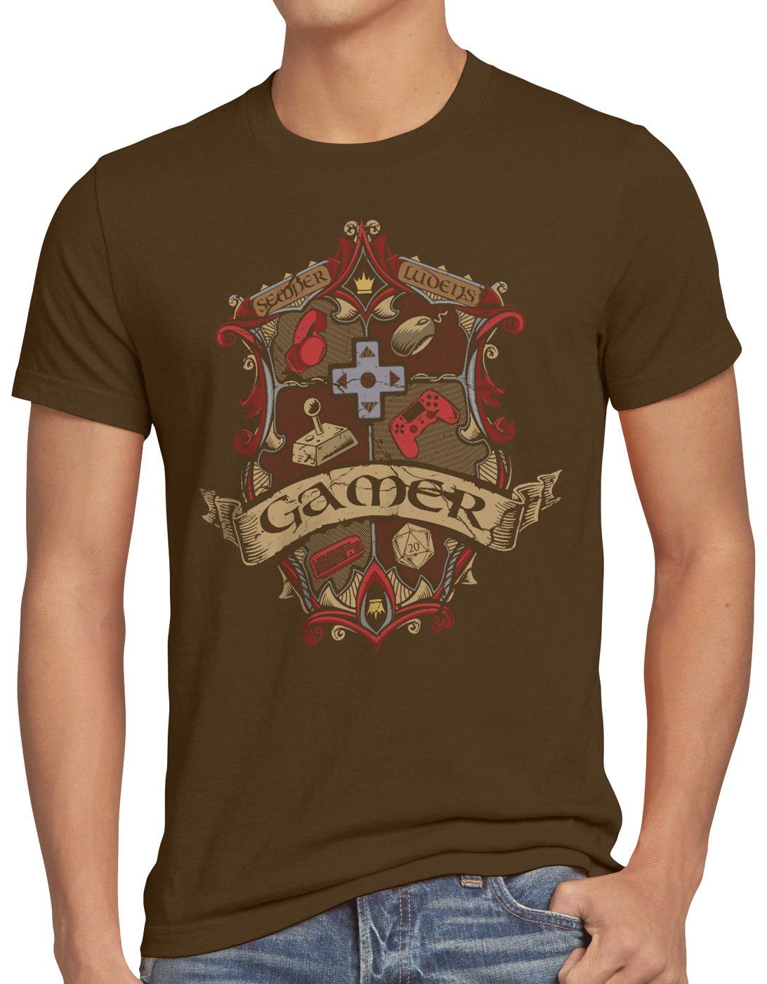 style3 Print-Shirt Herren T-Shirt Gamer Wappen spieleabend gesellschaftsspiel braun