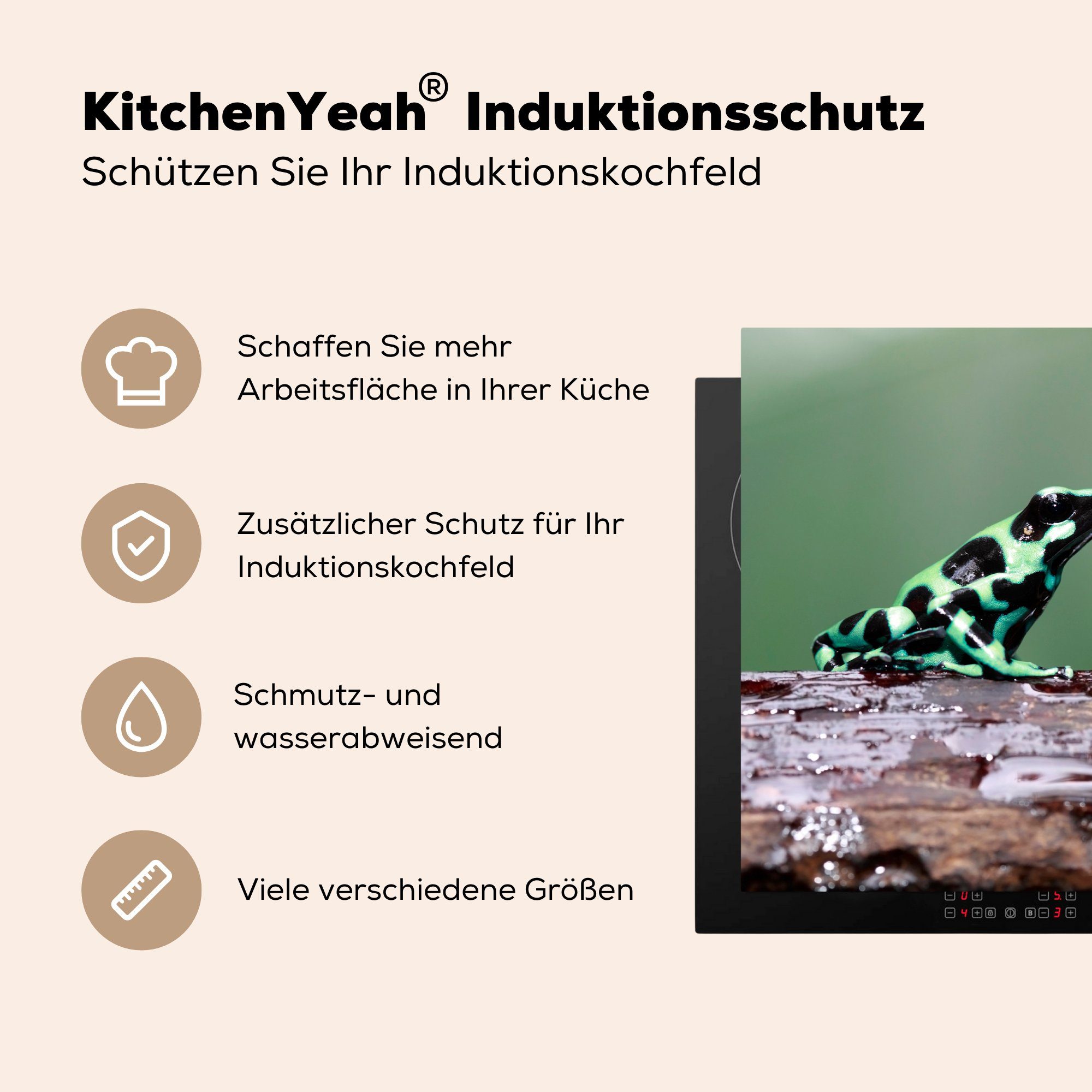 Induktionskochfeld für Herdblende-/Abdeckplatte küche, MuchoWow - Schwarz - die Grün, Frosch Vinyl, 81x52 cm, Ceranfeldabdeckung tlg), (1 Schutz