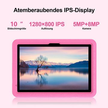 VASOUN Lerntablet P30H 10"-Zoll Kinder-Tablet mit 12G RAM+128G ROM, mit Bluetooth/WiFi und Silikonhülle, Android 13, Rosa