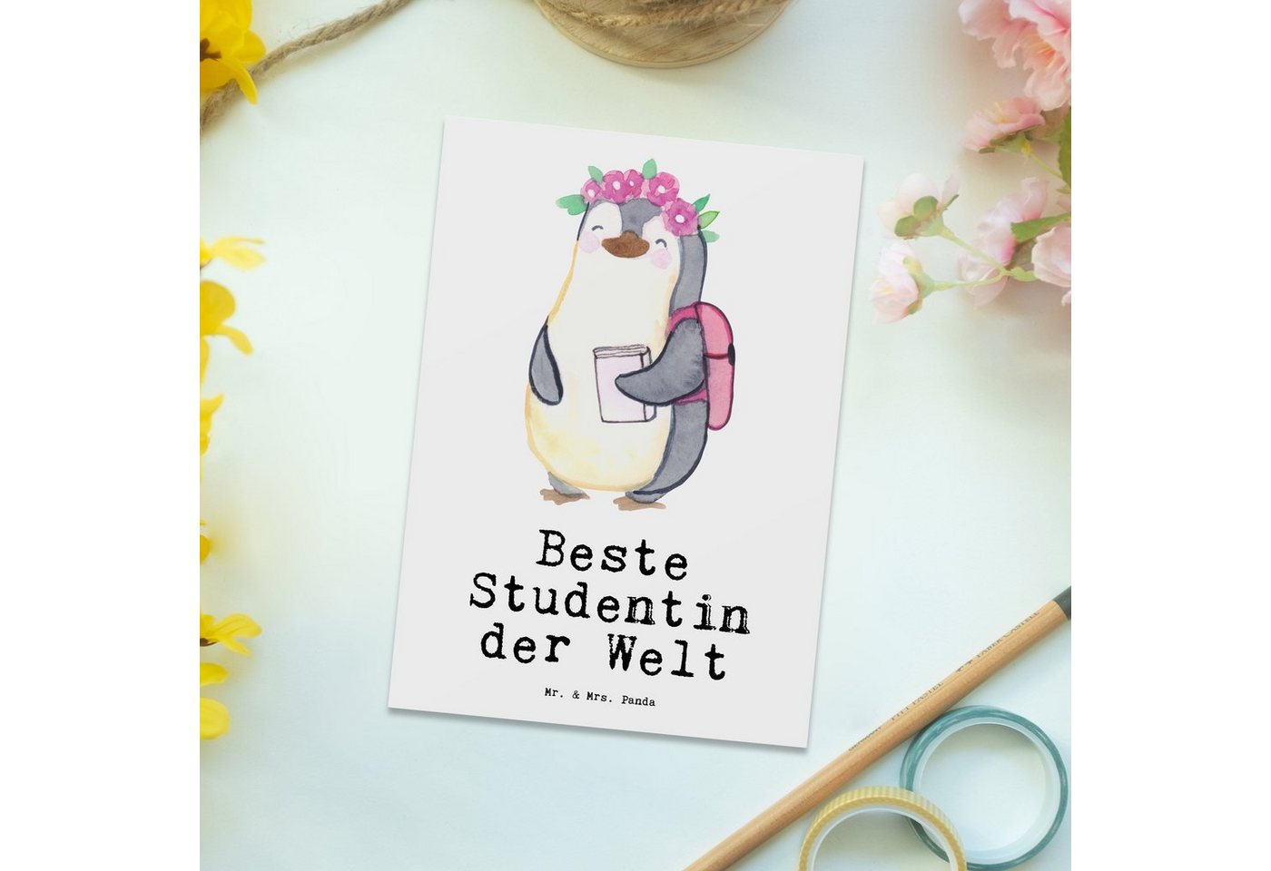 Thumbnail - Mr. & Mrs. Panda Postkarte Pinguin Beste Studentin der Welt - Weiß - Geschenk, Mitbringsel, Uni, Liebevolles Design