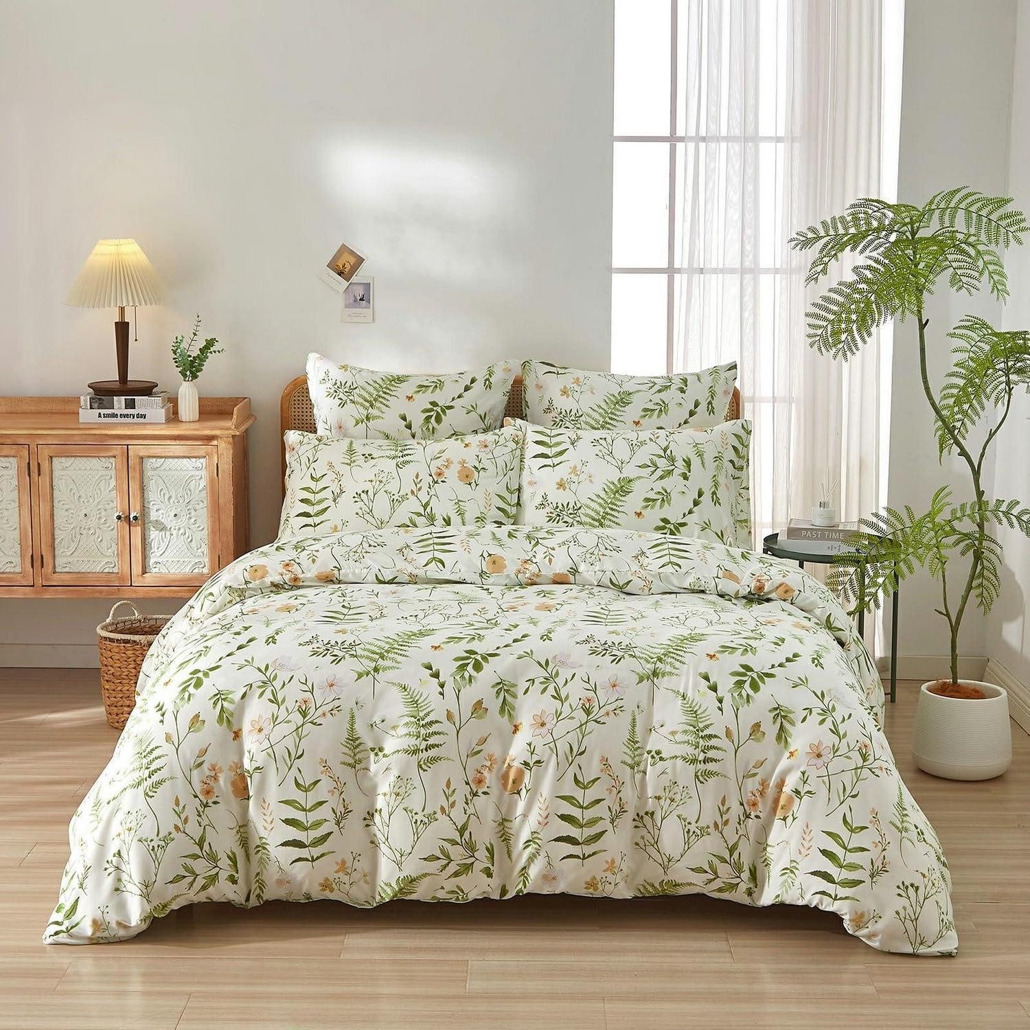 LuxusKollektion Bettwäsche Bettwäsche 135x200 cm Blumen Grün/Creme Botanik
