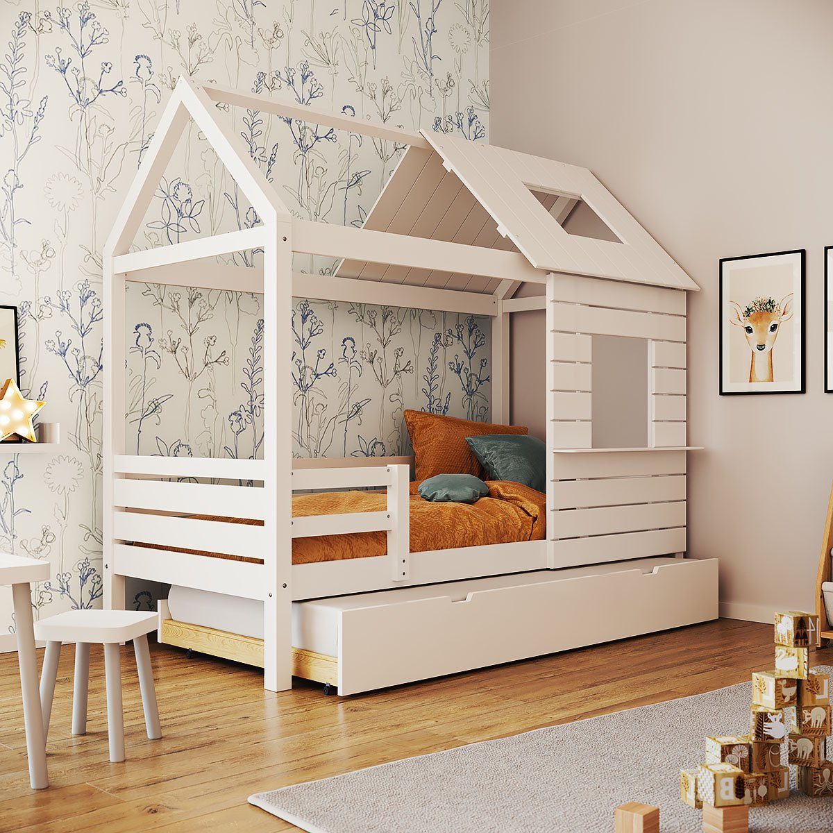 Artkid Kinderbett Roxy Hausbett weiß 90 x 200 cm inkl. Gästebett