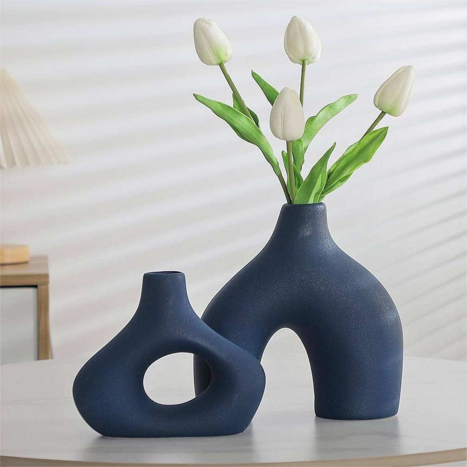 LuxusKollektion Dekovase Keramikvase 2er Set Blau Rund Matt (2 St)