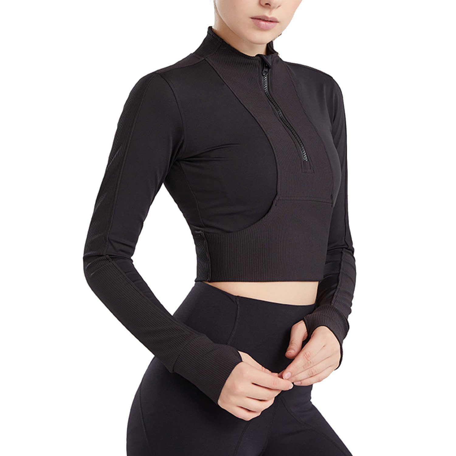 MAGICSHE Funktionsshirt T-Shirt Damen Fitness Top Sweatshirt Leicht Halber Reißverschluss Brust Design Schwarz
