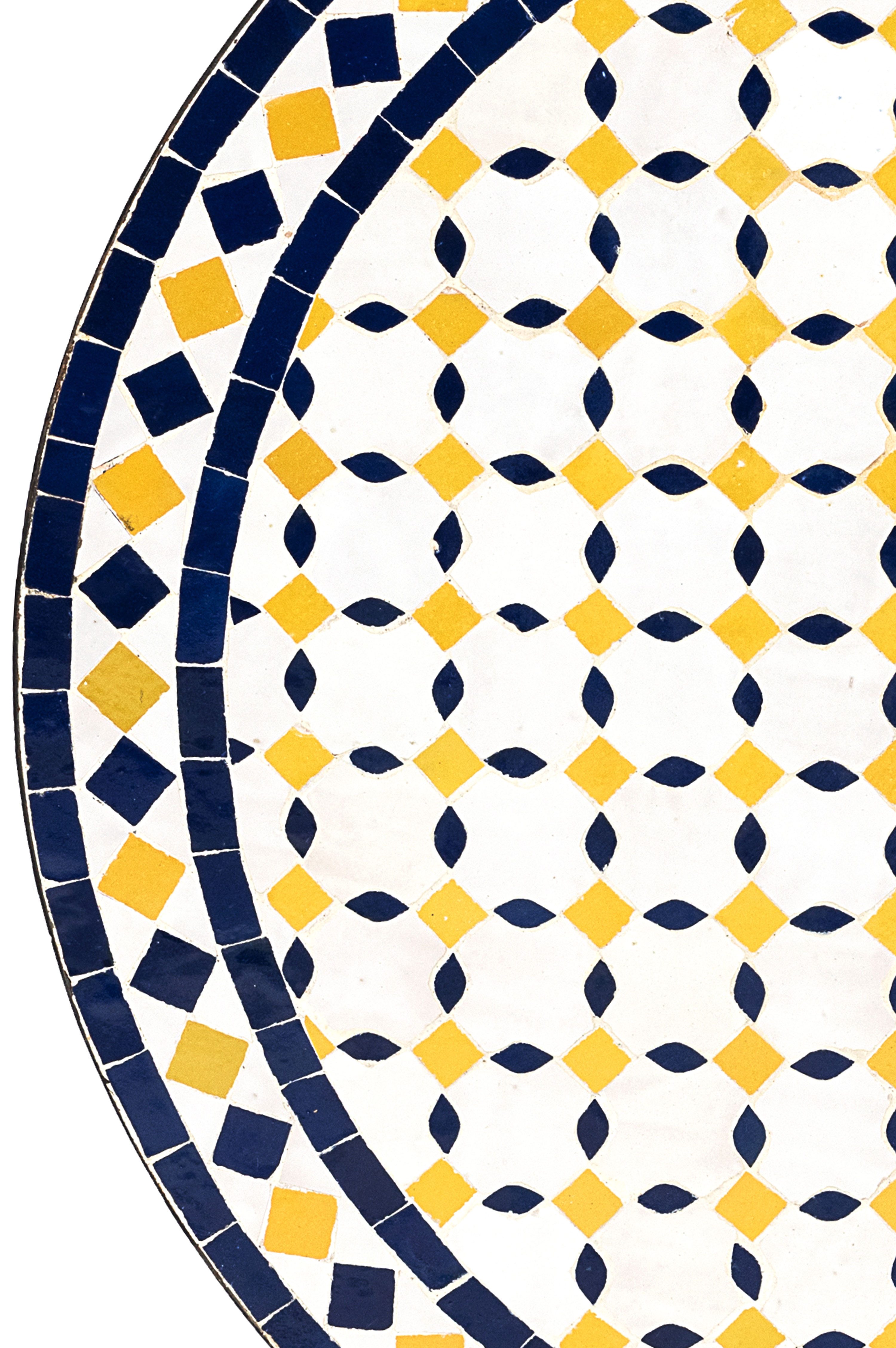 Marrakesch Orient & Mediterran Interior Gartentisch Marokkanischer Mosaiktisch Giralda Weiss Gelb Blau ø 80cm, 45cm hoch, Handarbeit