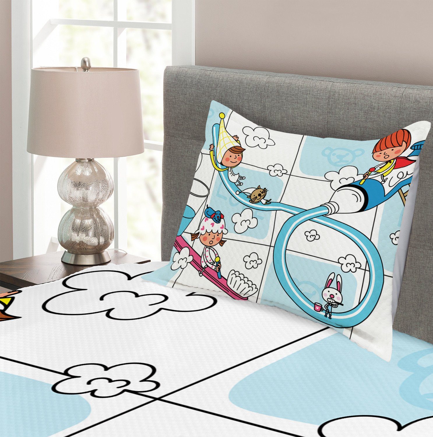Tagesdecke Set mit Kissenbezügen Haustiere Tiere Waschbar, Cartoon Abakuhaus, mit Kindern