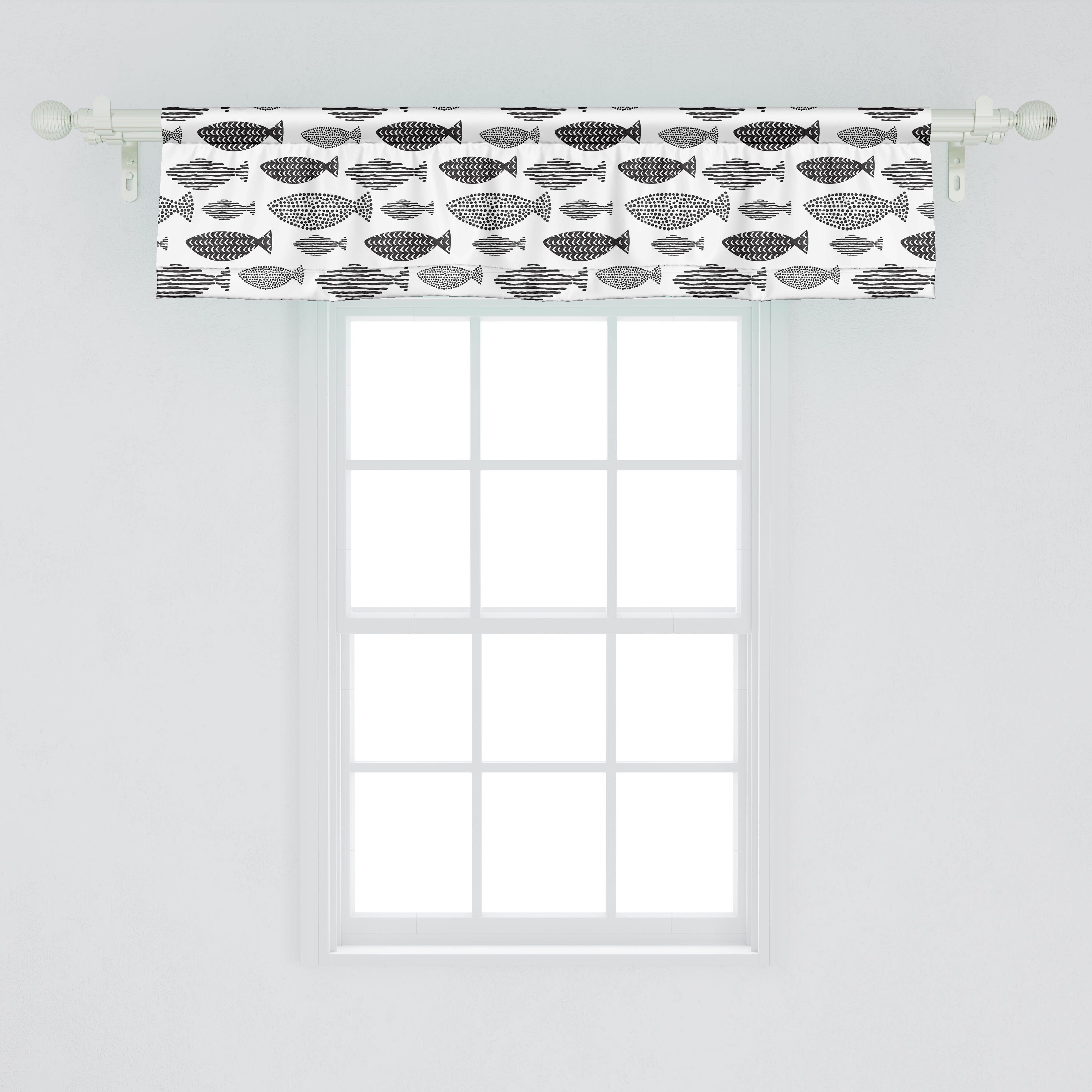 Scheibengardine Vorhang Volant für Stangentasche, Schlafzimmer Küche mit Weiß Microfaser, Seetiere Fisch Abakuhaus, Dekor Schwarz
