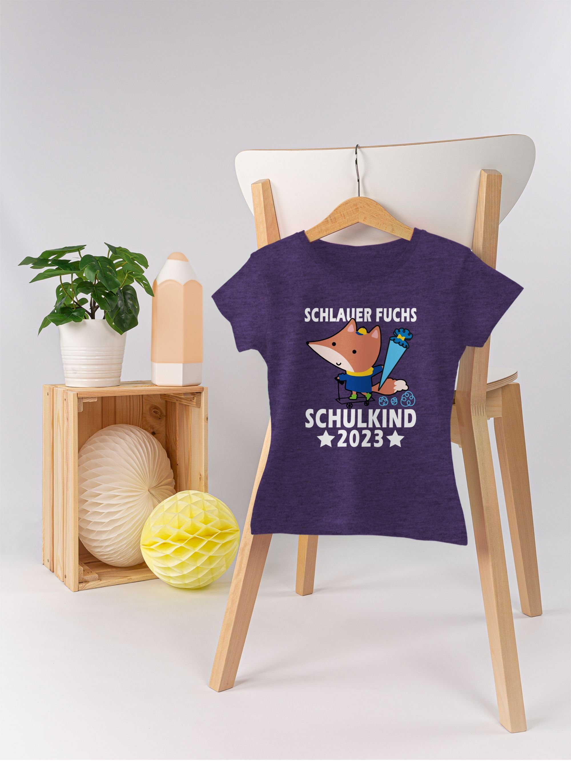 2023 Schlauer 2 Lila Shirtracer Schulkind Meliert Mädchen T-Shirt Einschulung Fuchs
