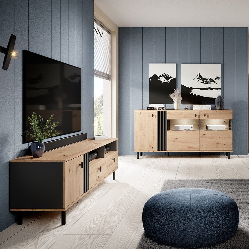 Lomadox Wohnwand MATTAWA-167, (2-St., Lowboard Sideboard), Eiche Dekor mit Beleuchtung