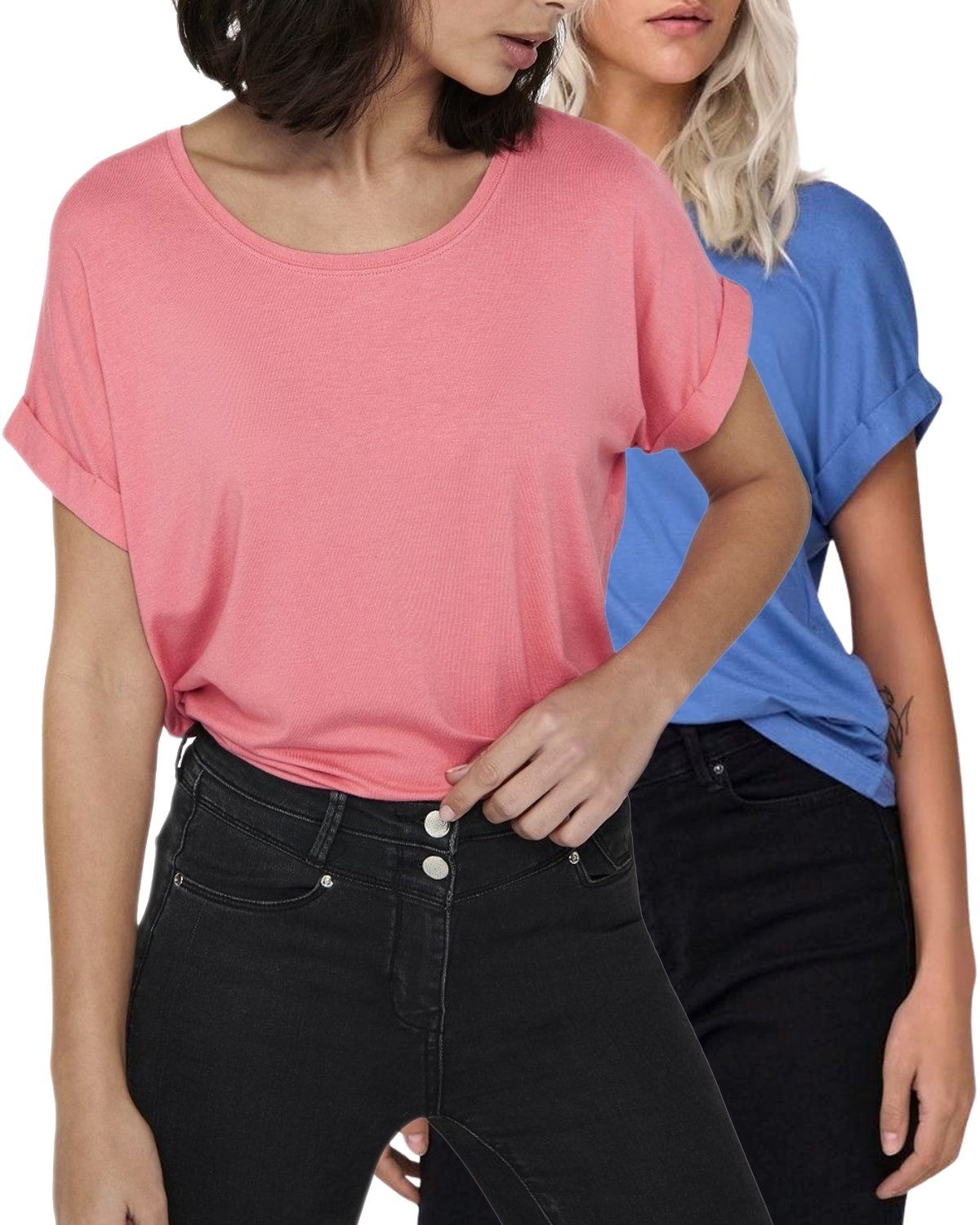 ONLY T-Shirt Stilvolles Basic Shirt mit Rundhalsausschnitt (2er-Pack) unifarbenes Oberteil aus Baumwollmischung, Розмір XS