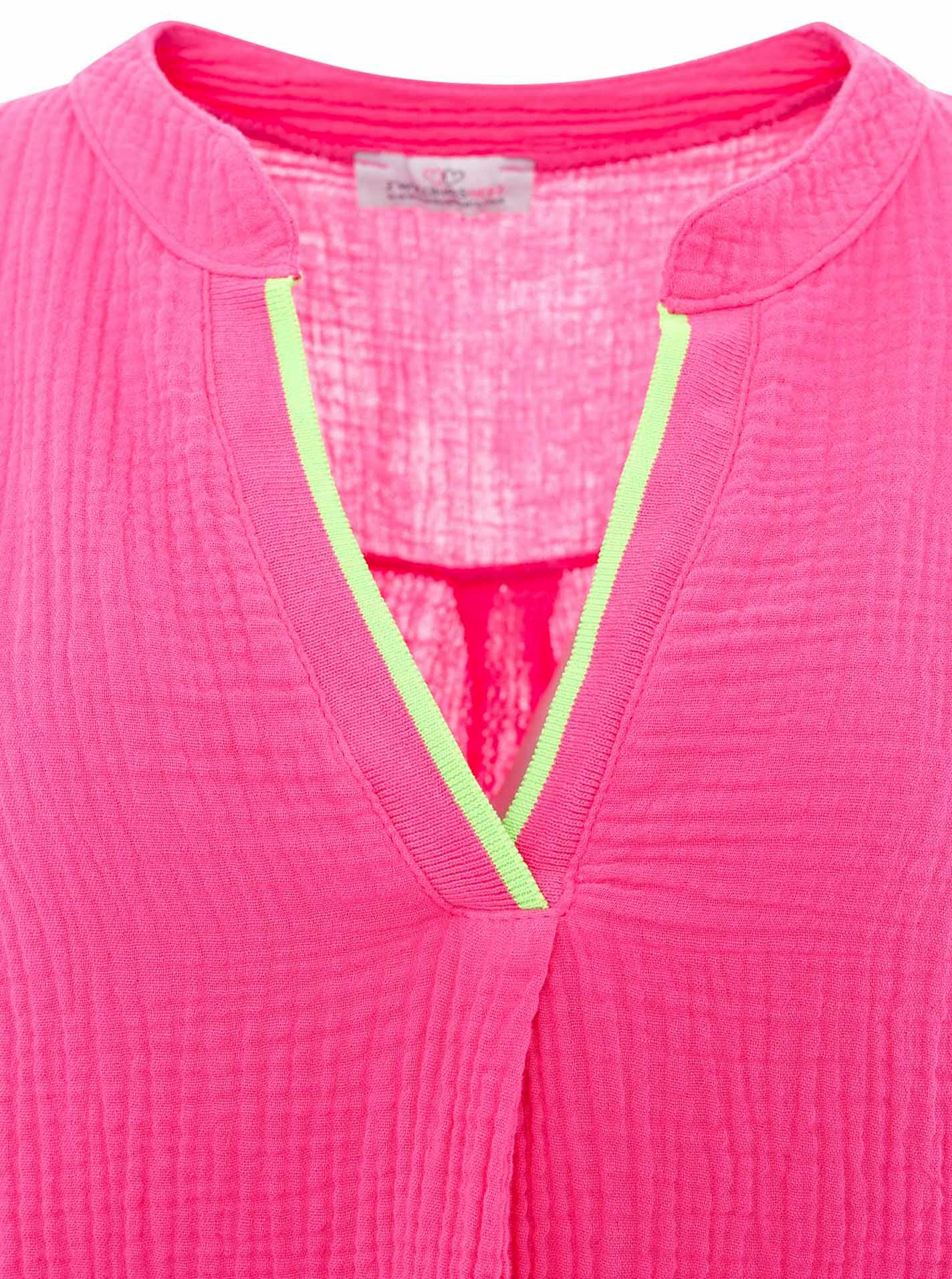 Zwillingsherz Schlupfbluse "Neon Kante" Musselin, eingefasster V-Neck in Neon, 3/4 Arm, hinten leicht länger – Bild 5 von 5