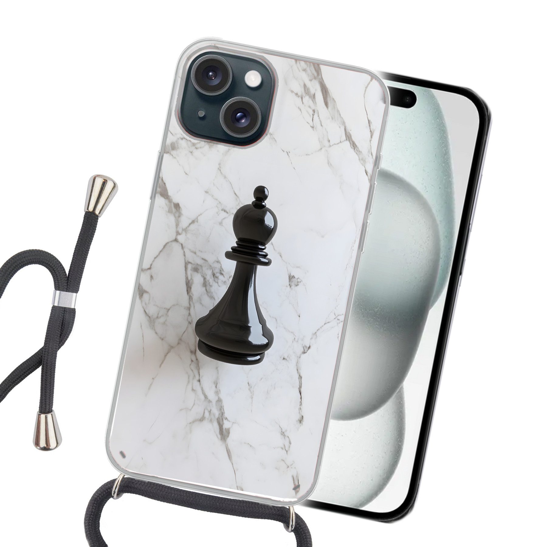 MuchoWow Handyhülle für Apple iPhone 15 Plus Schachfigur - Läufer - Schwarz - Marmor, Tragbare Handyhüllen mit Kette zum umhängen, Handykette Handyband