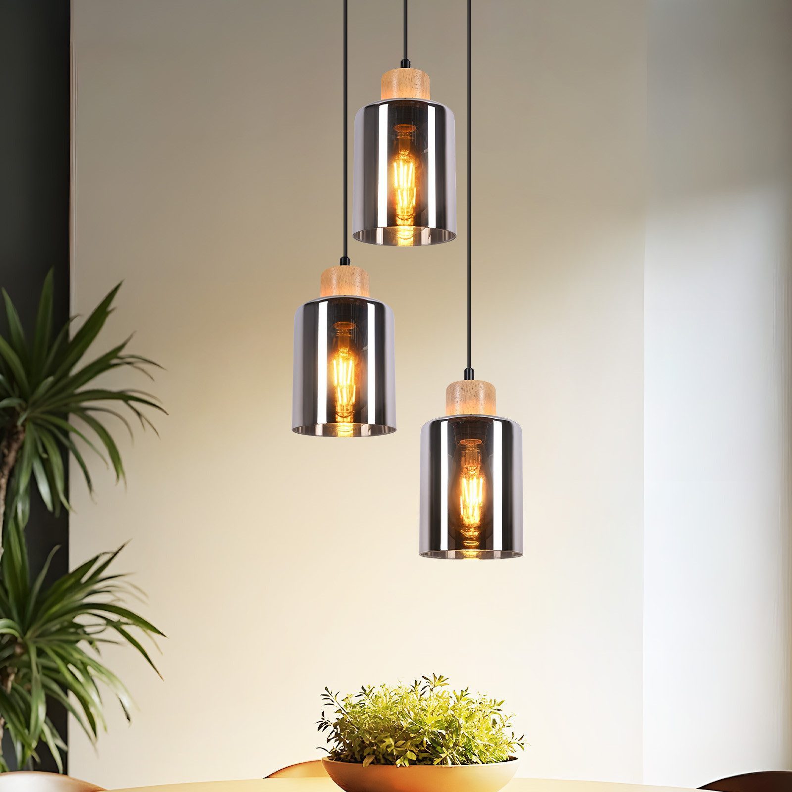 Nettlife Pendelleuchte Vintage Holz 1/3/4 flammig Industrial Hängelampe E27, Höhenverstellbar, LED wechselbar, Rauchglas Hängelampe für Küche Esszimmer Flur