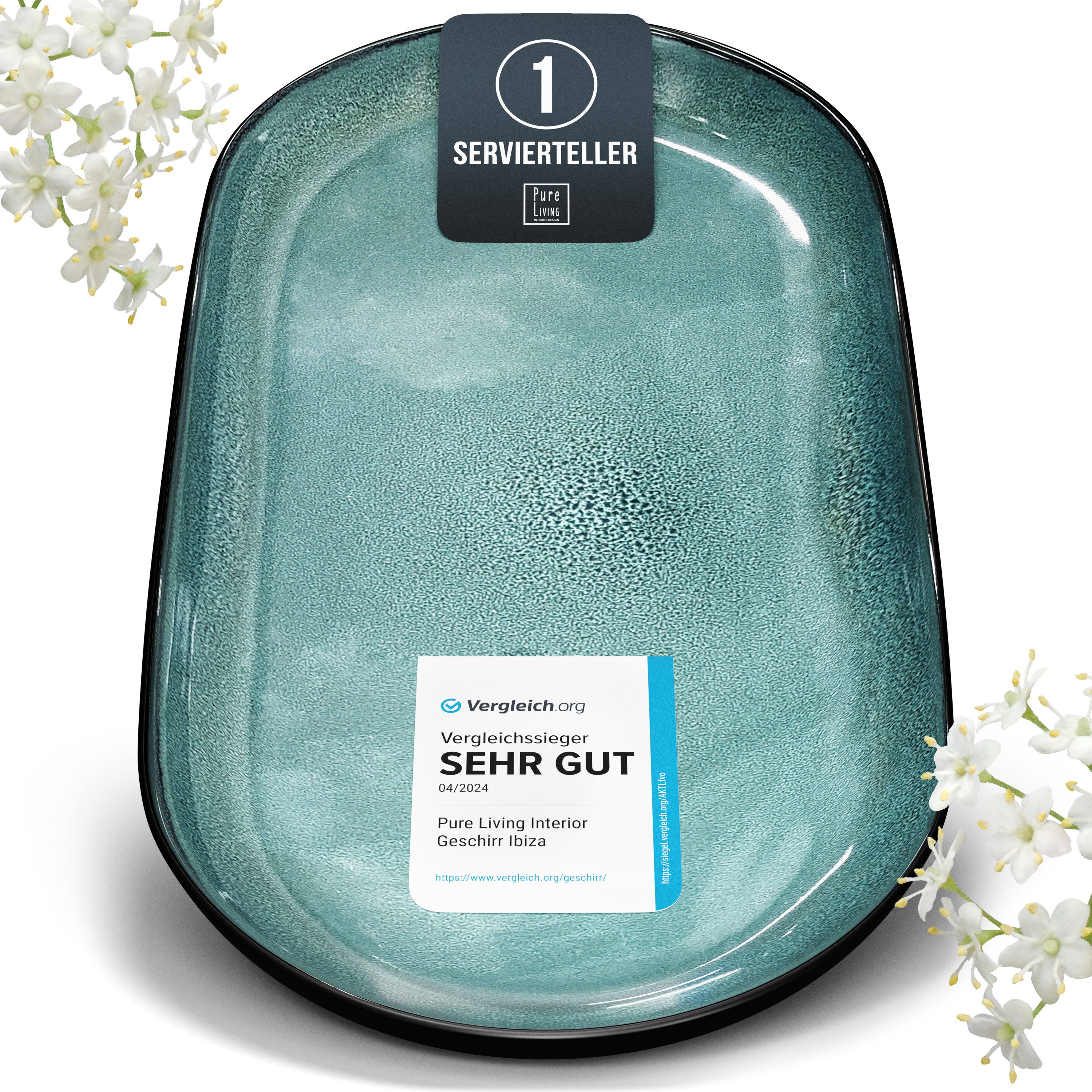 PURE LIVING INTERIOR DESIGN Geschirr-Set Pure Living Servierplatte »Ibiza«, oval, Steingut, Petrol, 1 Personen, Steingut, Ovale Form – perfekt zum Anrichten, Elegantes Servierdesign, Reaktive…