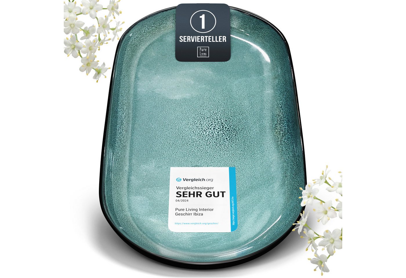 PURE LIVING INTERIOR DESIGN Geschirr-Set Ibiza Servierplatte, oval, Steingut, Petrol (1-tlg), 1 Personen, Steingut