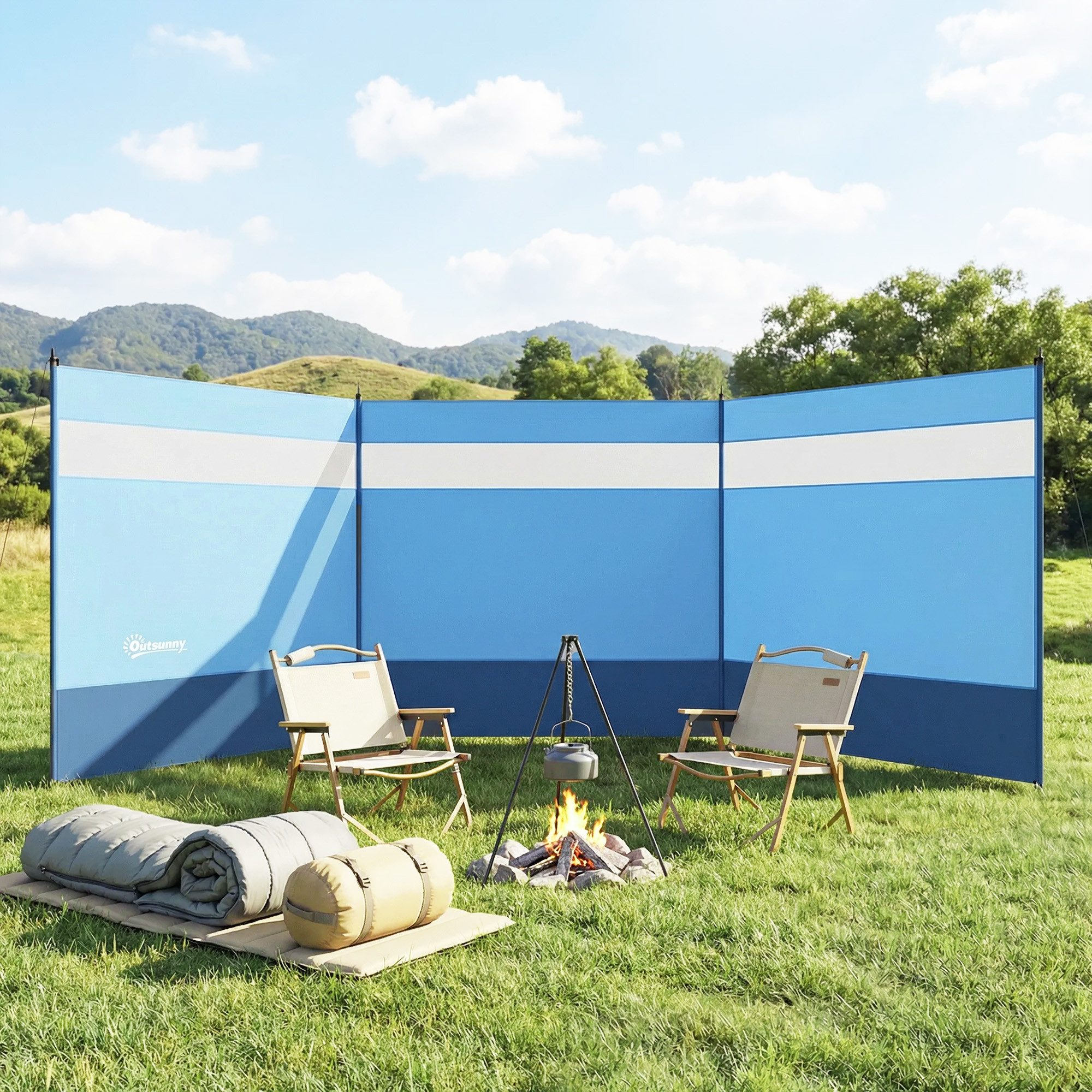 Outsunny Windschutz Strandwindschutz faltbar Sichtschutz mit Lichtquellenfenster blau, (faltbar Sichtschutz, 3 tlg., Sonnenschutz), für Camping Garten, Strand, Terrasse 440 x 140 cm Blau