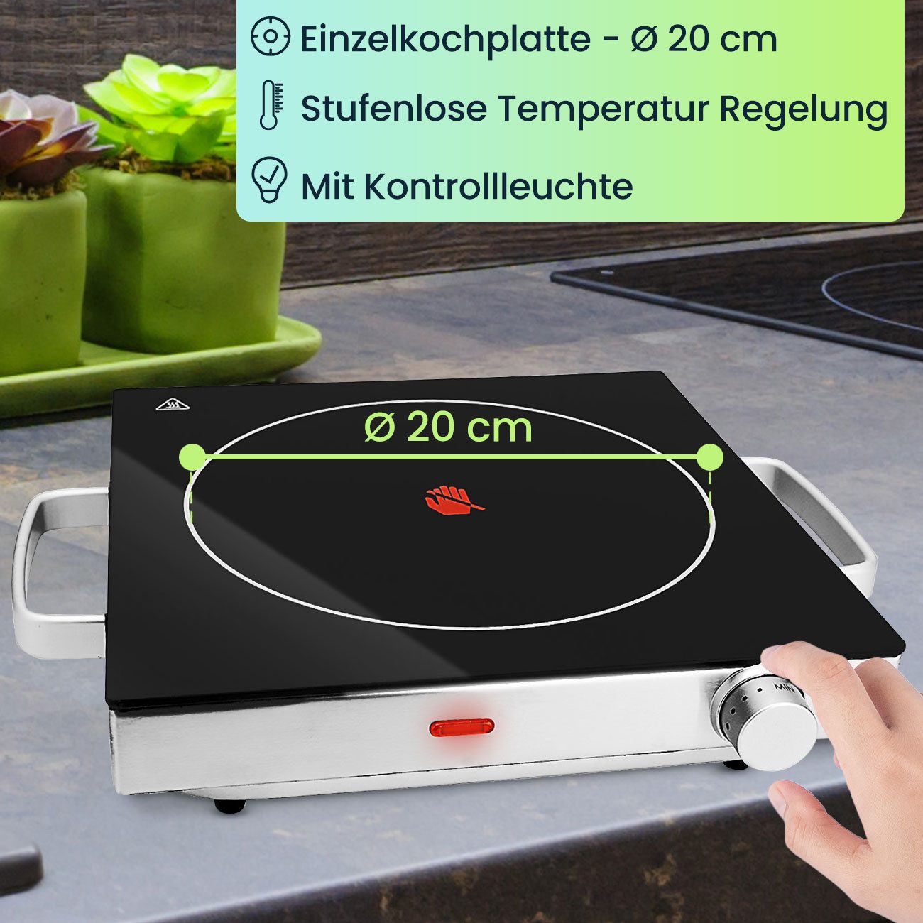 Casativo Einzelkochplatte Mobile Glaskeramik Kochplatte Infrarot-Wärme Ø20cm 2000W IP64, 1er & 2er-Set, stufenlose Temperaturregelung, 35 x 7,6 x 30cm – Bild 5 von 5