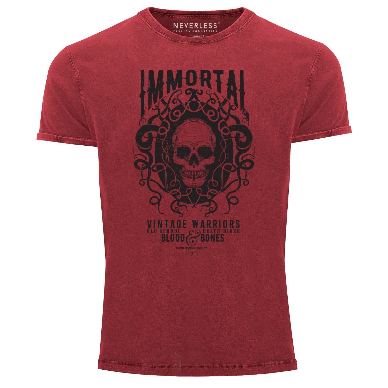Neverless Print-Shirt Neverless® Herren T-Shirt Vintage Shirt Printshirt Immortal Skull Vintage Warriors Totenkopf Aufdruck Used Look Slim Fit mit Print rot