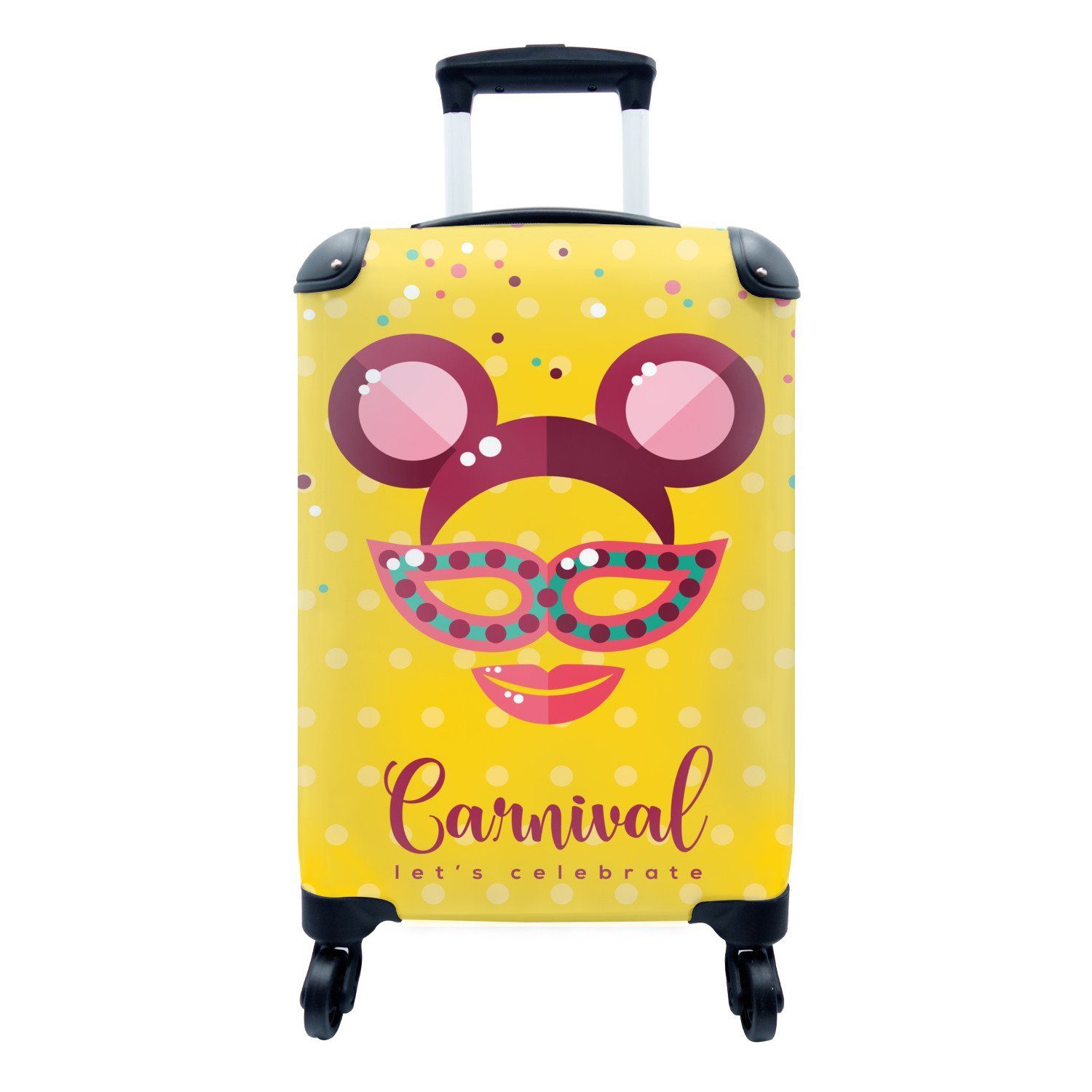 MuchoWow Handgepäckkoffer "Karneval" mit Maske auf gelbem Hintergrund, 4 Rollen, Reisetasche mit rollen, Handgepäck für Ferien, Trolley, Reisekoffer