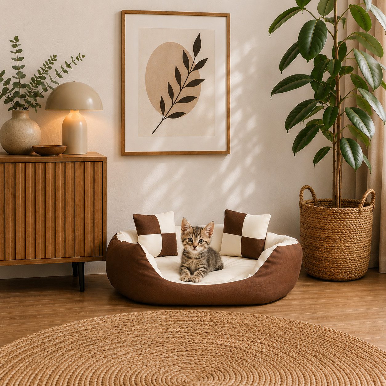 belviona Tierkissen, Katzenbettchen mit niedrigem Einstieg, 65x50 cm, braun/beige, Oxford, Katzenkörbchen 4-in-1, wendbares Katzenbett