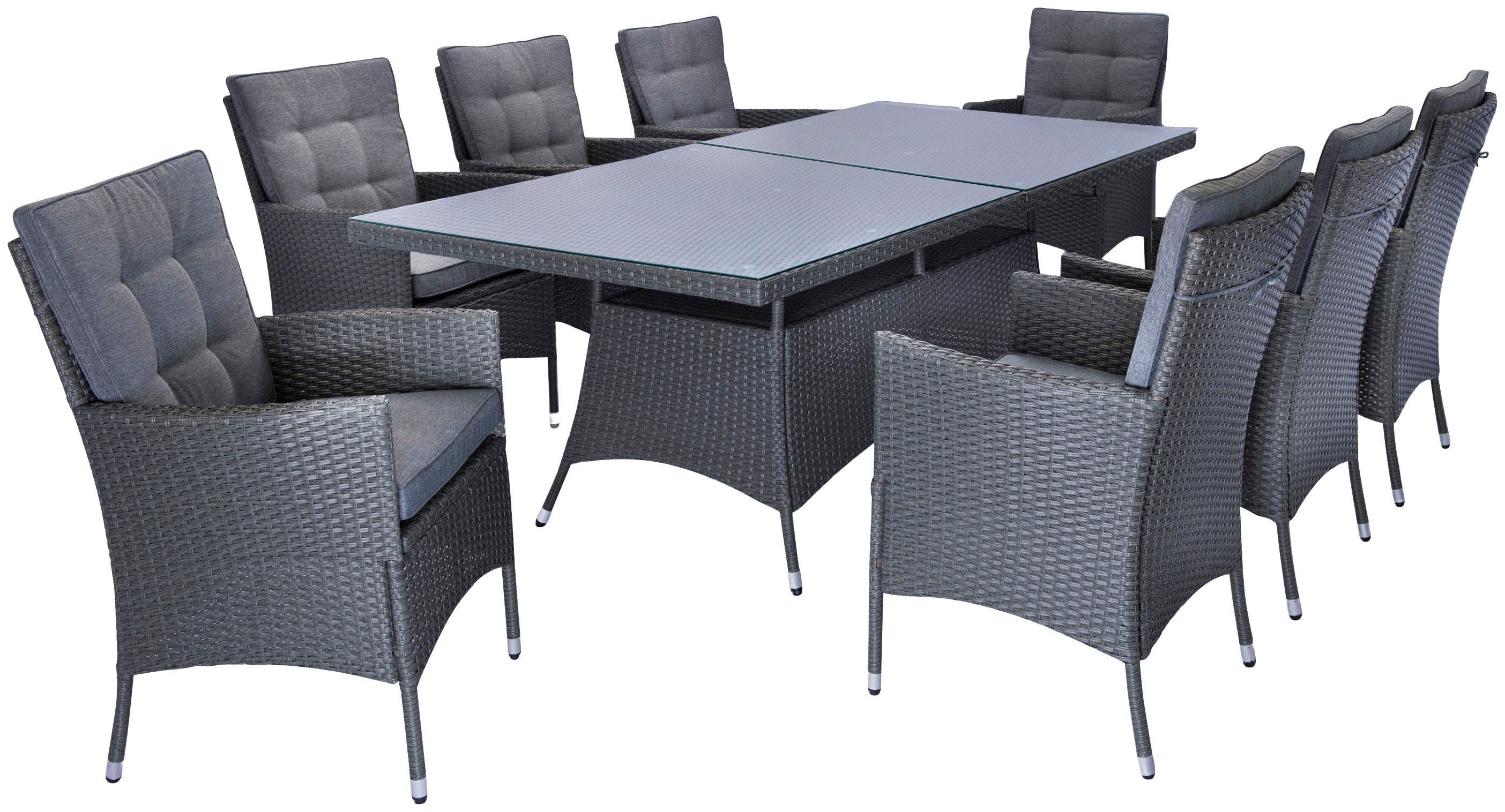 KONIFERA Garten-Essgruppe Korfu, (Set, 17-tlg., 8x Sessel, 1x Tisch 200x100x73,5cm, inkl. Auflagen, inkl. Schutzhülle), Polyrattan, Stahl, Ablagefläche unter der Tischplatte, Dunkelgrau