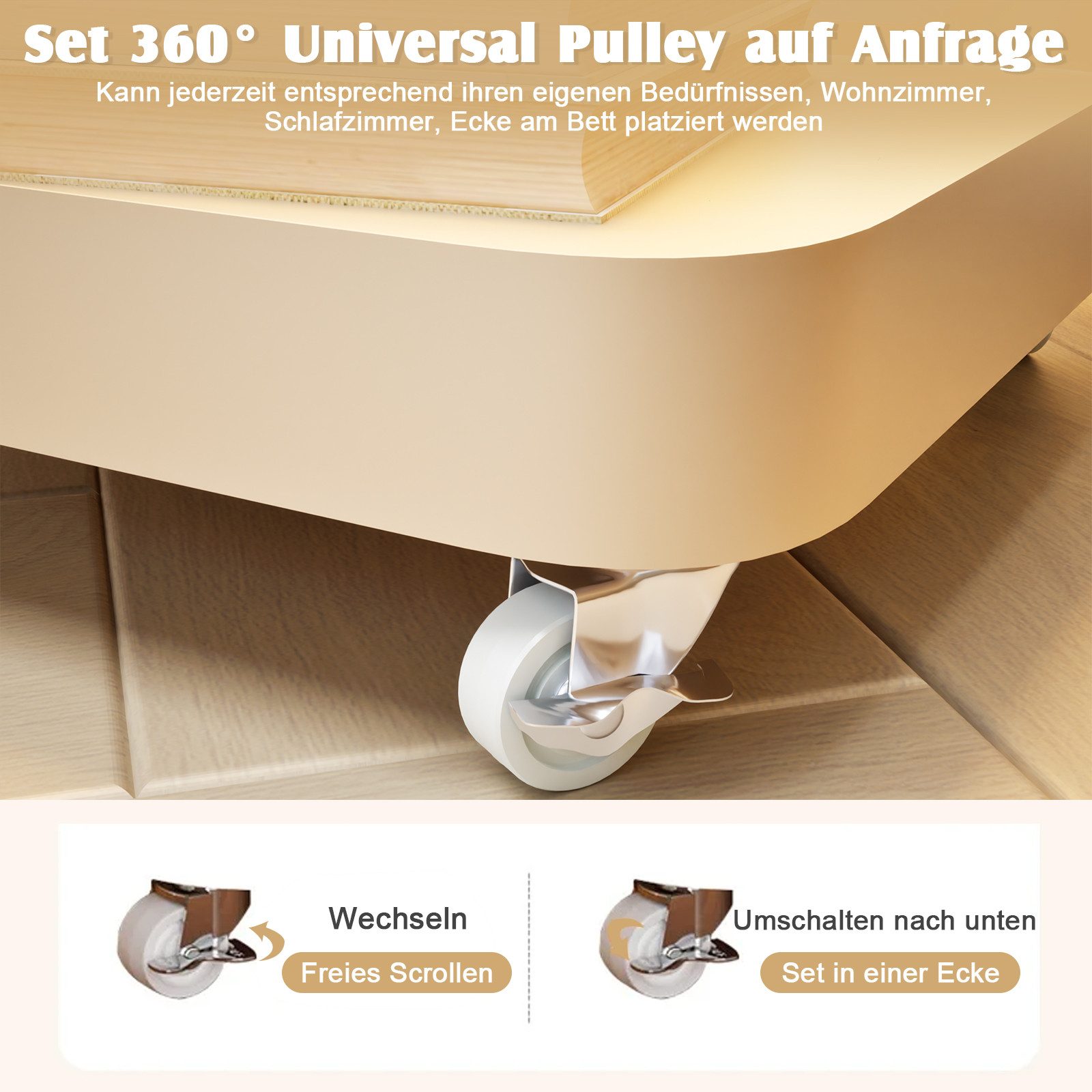 TWSOUL Beistelltisch Nachttisch Metallrahmen+Glasplatte, Sensor-LED&Rollen, Weiß, Couchtisch Ohne Montage, 35x59 cm Wohnzimmer, Schlafzimmer