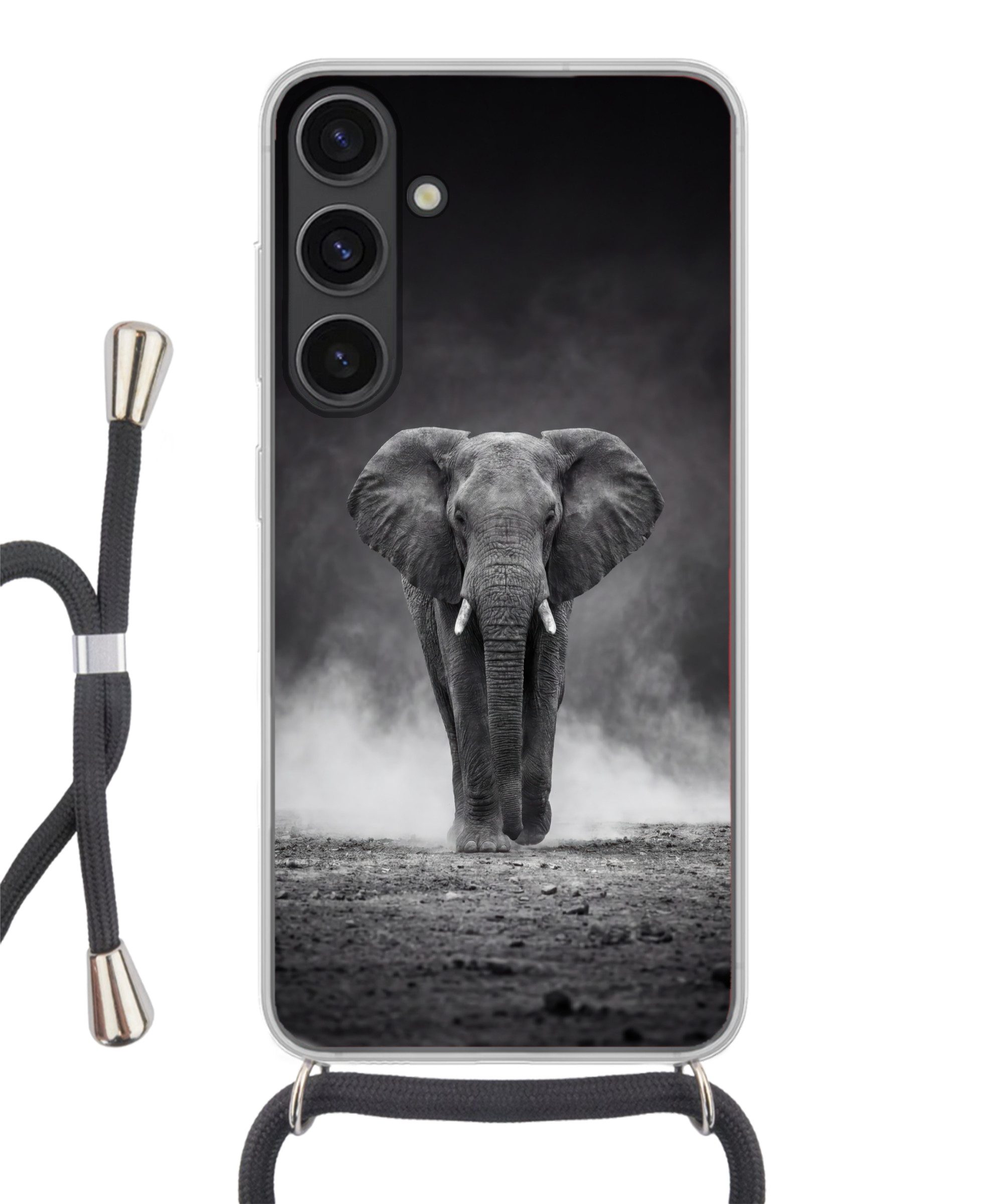 MuchoWow Handyhülle für Samsung Galaxy S24 Plus Elefant - Schwarz - Weiß - Rauch, Tragbare Handyhüllen mit Kette zum umhängen, Handykette Handyband