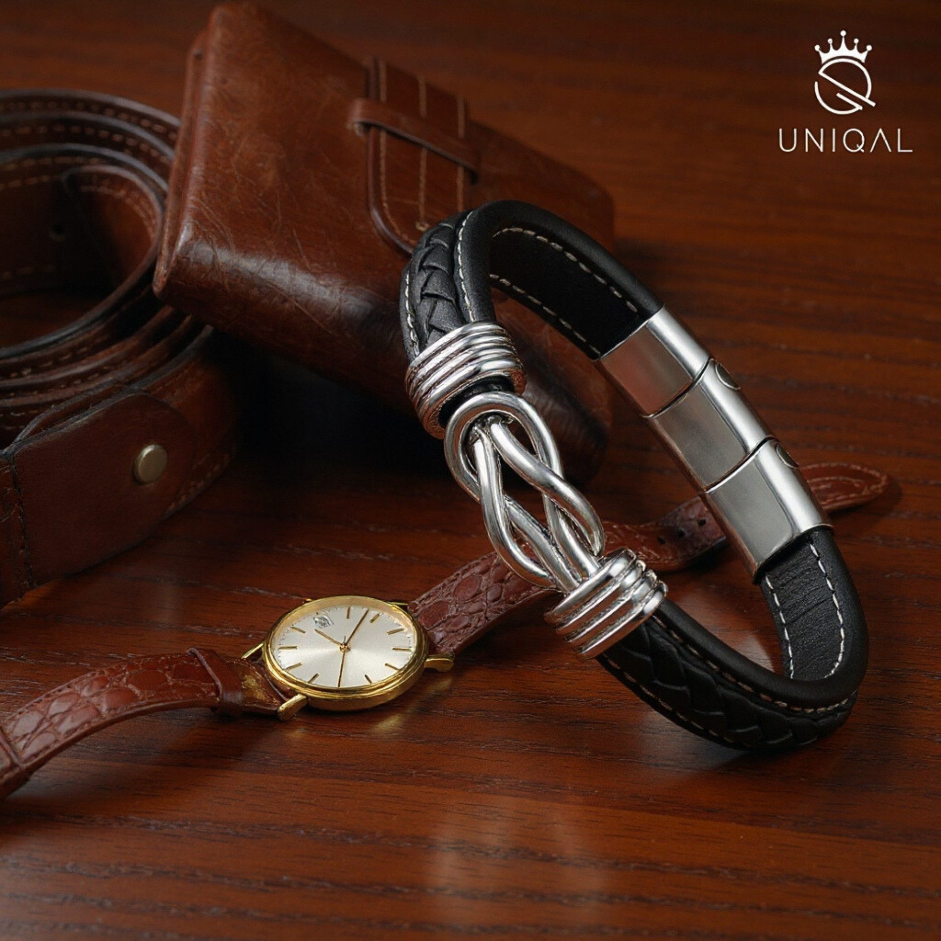 UNIQAL.de Lederarmband ETERNAL – stilvolles Infinity Armband aus Leder & Edelstahl (ideales Geschenk für Vater, Sohn oder Partner, Magnetverschluss mit Verlängerungsglied), Deutsche Handwerkskunst. Hochwertiges Design. Made by Uniqal.