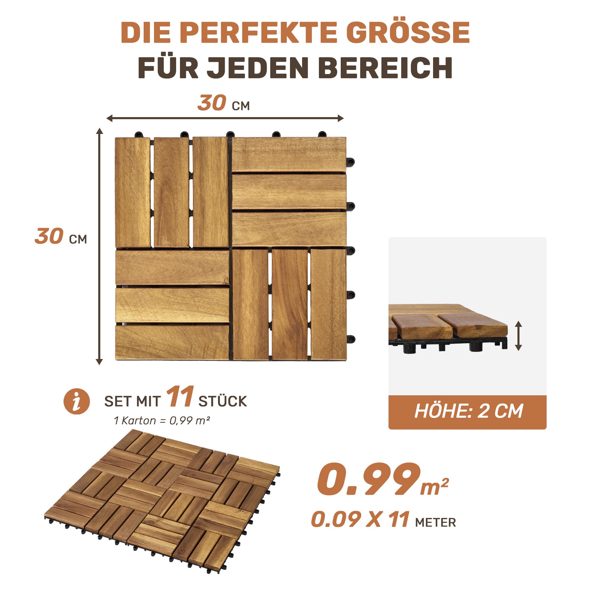 CHICFURN Terrassendielen Klickfliesen aus Akazien-Hartholz mit Schachbrettmuster, BxL: je 30,00x30,00 cm, (Packung, 11-St., 11-teiliges Set für Terrasse Balkon und Poolbereich), Gelb, quadratisch 30 × 30 cm