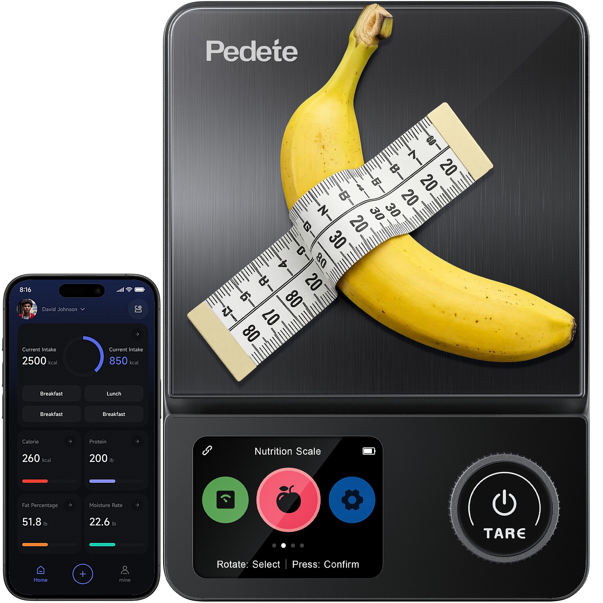 pedete Küchenwaage Digitale ProfiFein waage Kitchen Scale mit LCD Display, (Bluetooth-Verbindungs-App,Kaloriendatenanalyse, 5kg Digitale Kuchenwaage aus Edelstahl), optionaler Nährwertanalyse,Tara-Funktion Zahnrad-Taste