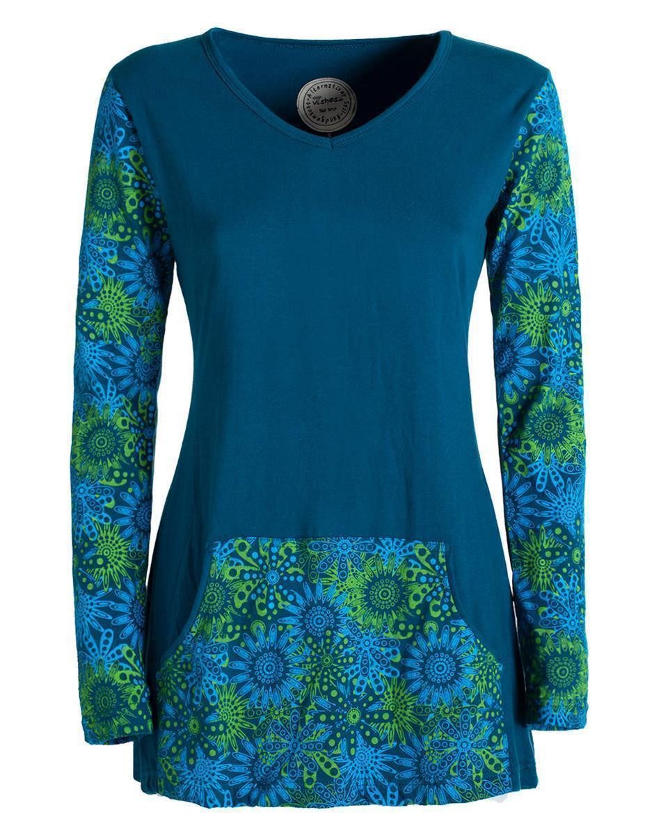 Vishes Tunikakleid Longshirt Damen Langarm Tunika Mandala Print Baumwolle Alternative Mode, Boho, Hippie, Ethno, Festival