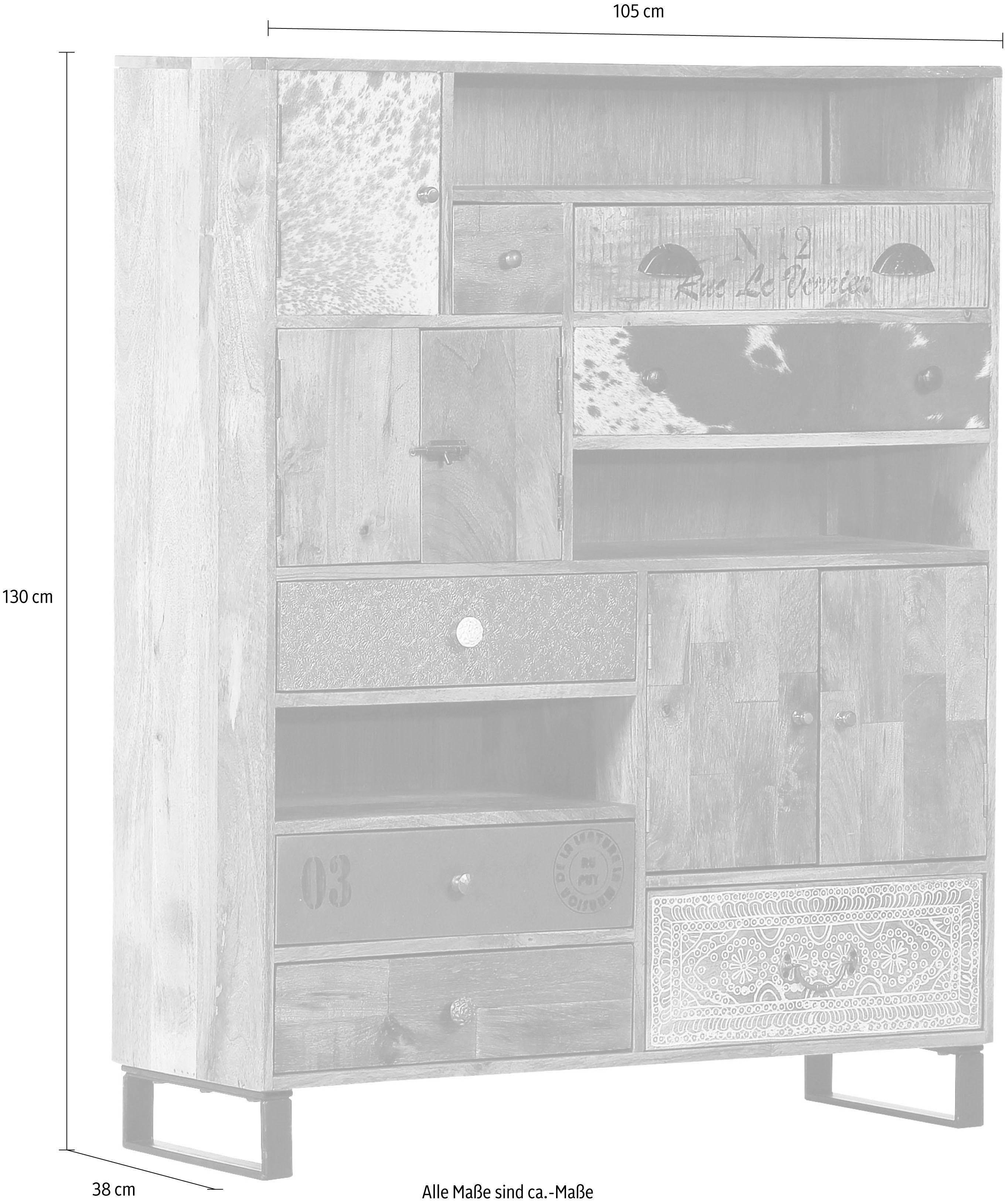 Gutmann Factory Highboard »Bounce«, massives Altholz Mango mit unterschiedlich verzierten Fronten, Shabby Chic, Vintage-Otto