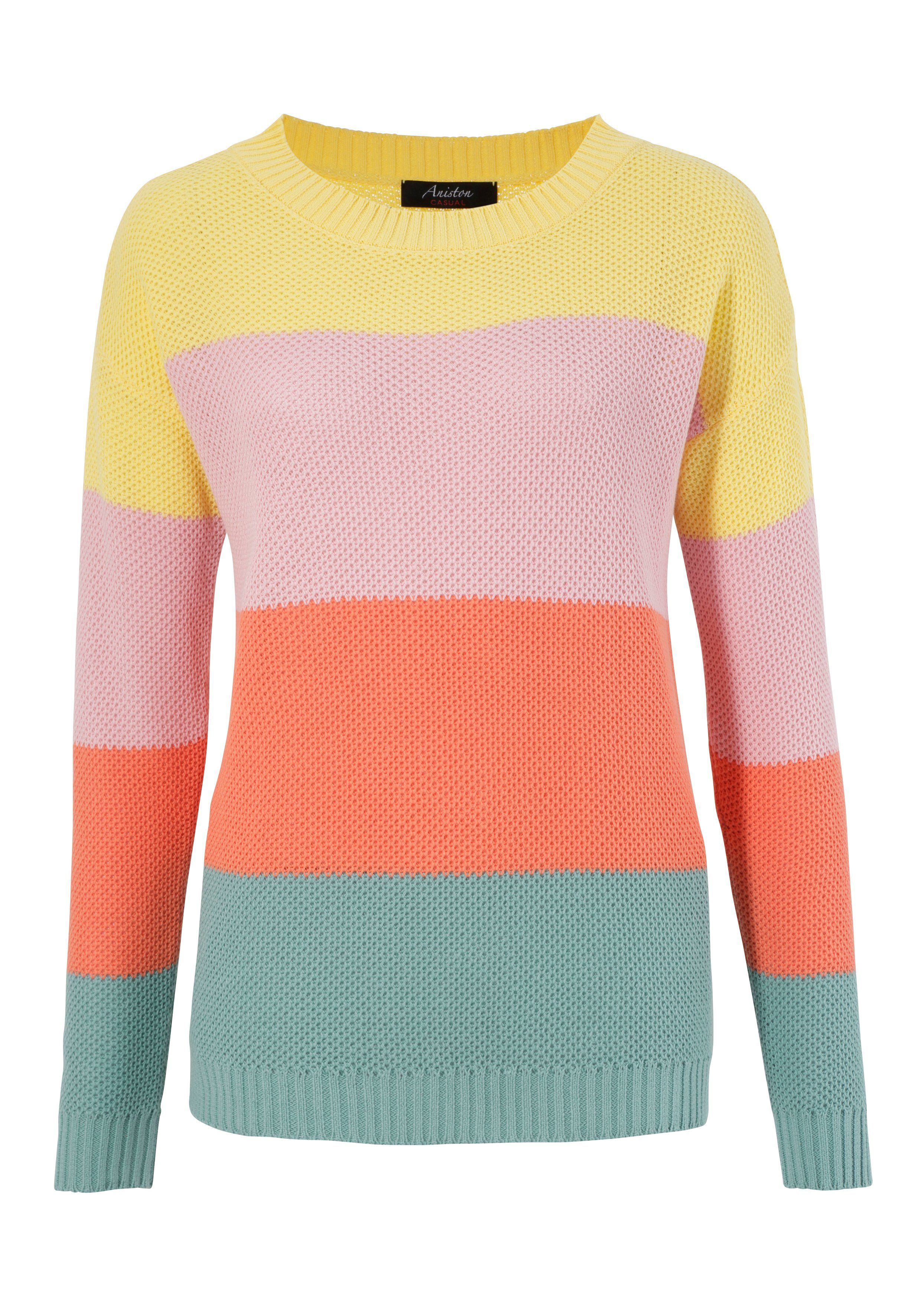 Damen Pullover Aniston CASUAL Rundhalspullover mit trendfarbenen Blockstreifen