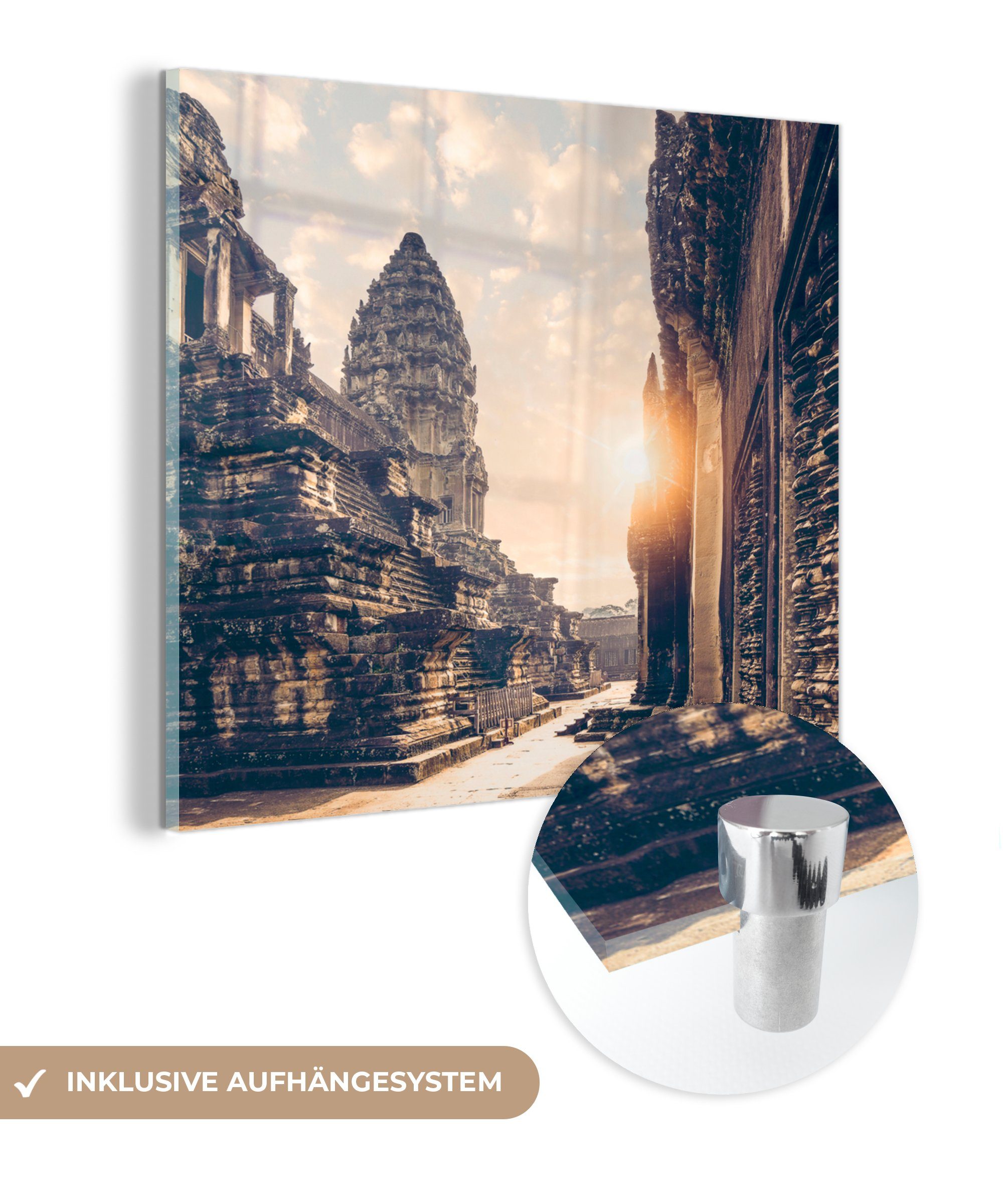 - Wanddekoration - Glas auf Wandbild Sonnenaufgang Acrylglasbild Angkor Glasbilder MuchoWow über (1 Wat, Foto St), auf Bilder Glas -