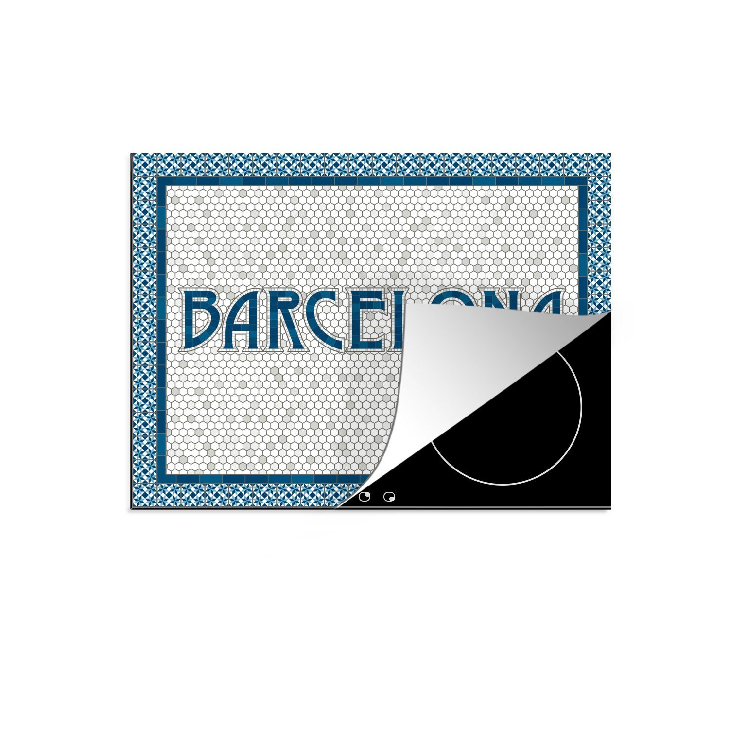 MuchoWow Herdblende-/Abdeckplatte Eine Barcelona-Illustration im Art-déco-Stil, Vinyl, (1 tlg), 70x52 cm, Mobile Arbeitsfläche nutzbar, Ceranfeldabdeckung