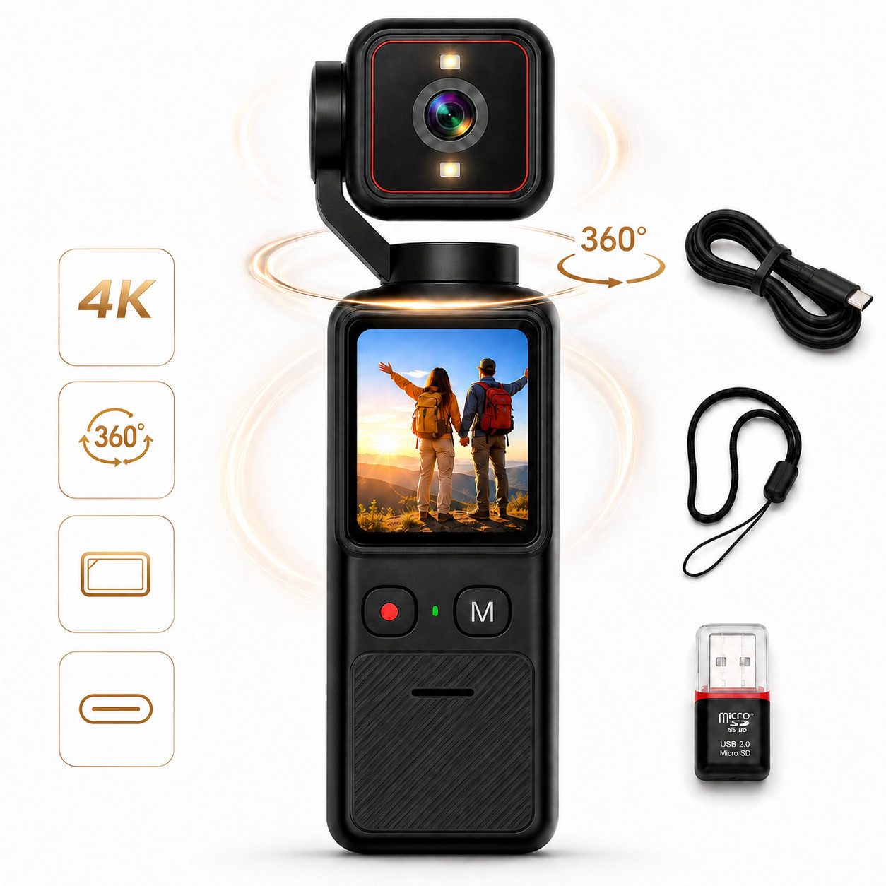 ibettertec Taschenkamera 4K mit 180° drehbarem Objektiv, Touchscreen Panoramakamera (integriertes Gimbal-Objektiv, kein weiteres Objektiv, 12 MP, 1x opt. Zoom, WLAN IEEE 802.11 b/g/n, inkl. Taschenkamera, Ladekabel, Handbuch, Eingebauter Gimbal, WLAN-Verbindung, Touchscreen, 4K-Videoaufnahme)