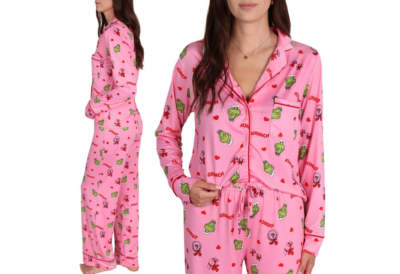 Sarcia.eu Schlafanzug Grinch Damenpyjama, aufknöpfbar, Langarm, weite Beine, Schlafanzug-Set