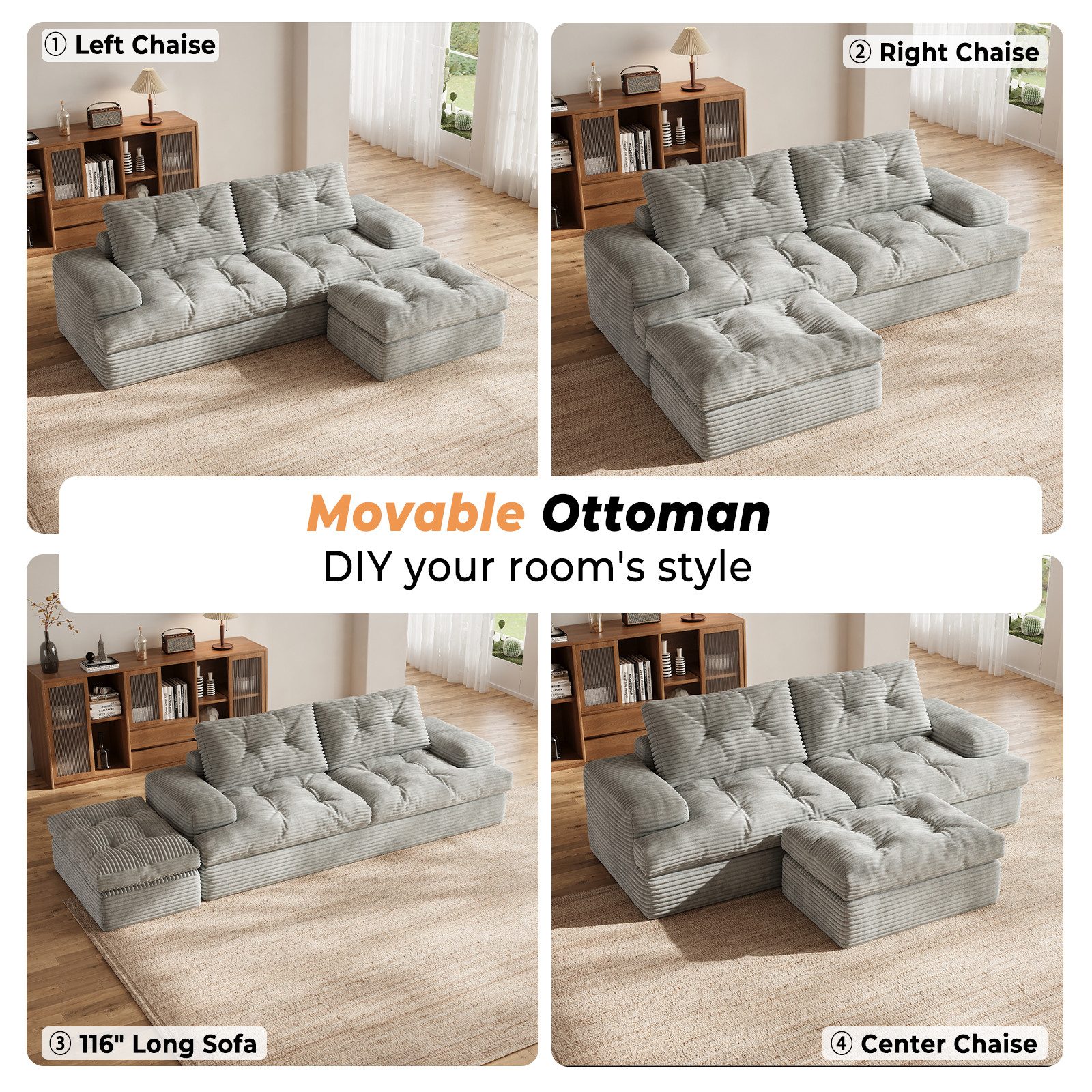 Patbrela Ecksofa Couch L-Form,Sofa Samtstoff Vierersofa mit Liegefläche, Modulares 85-Zoll-Wohnzimmer-Sofaset,Groß und bequem