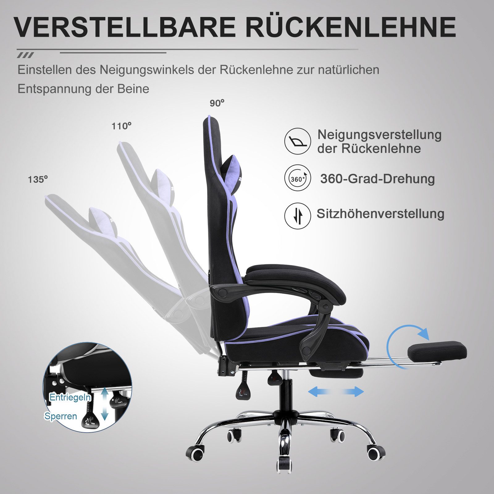 GTPLAYER Gaming-Stuhl Bürostuhl mit Massagefunktion, Fußstütze, Kopfstütze (Packung), Ergonomischer Gamer Stuhl Maximale Belastung 150 kg, 360° drehbar – Bild 4 von 5