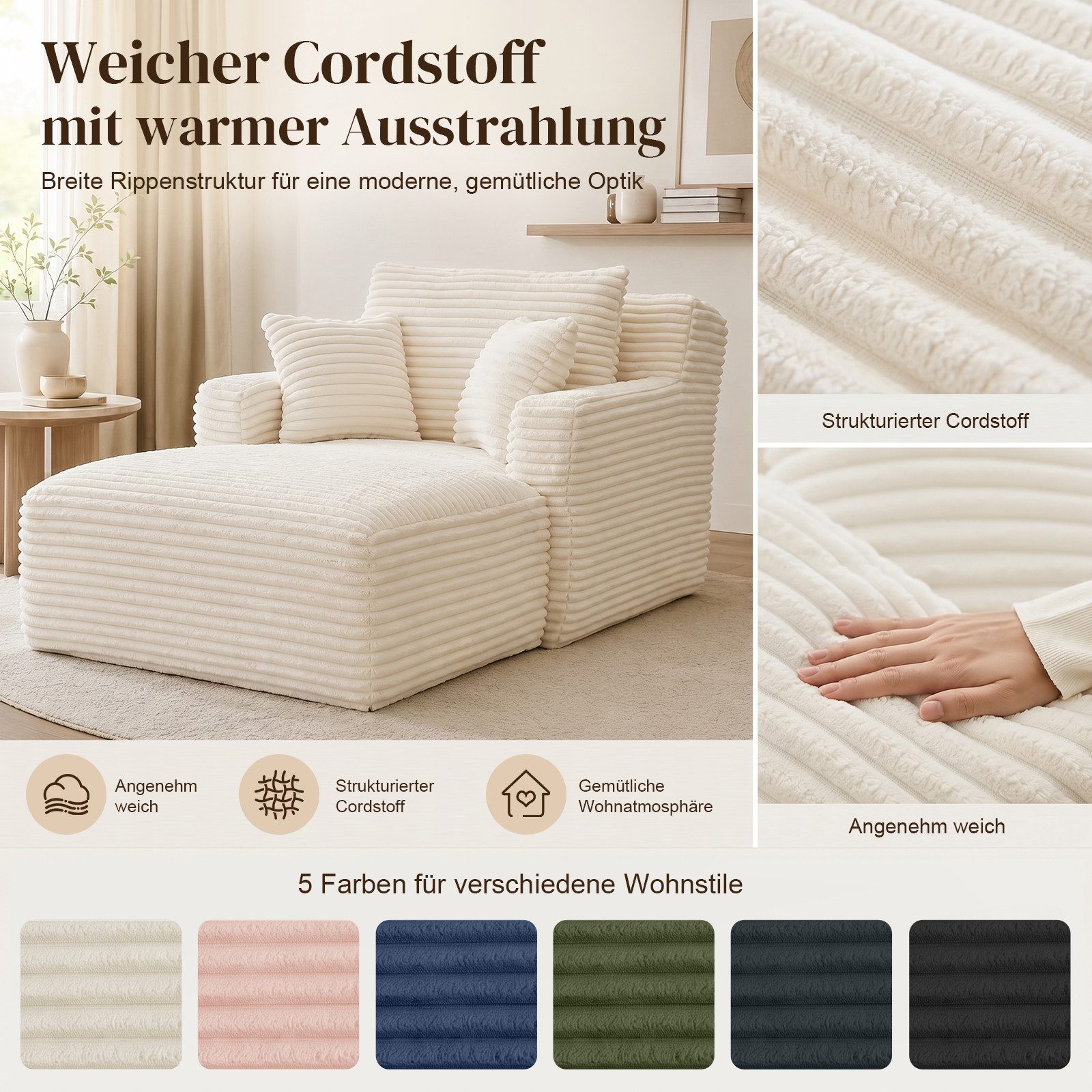 ANYSUN Loungesofa Modernes Chaiselongue-Sofa,Cord-Schlafsofa, 2 Kissen,Relaxsessel Cord, ohne Montage mit Taschenfederkern & Schaumstoffpolsterung,Loungesofa, L – Bild 4 von 5
