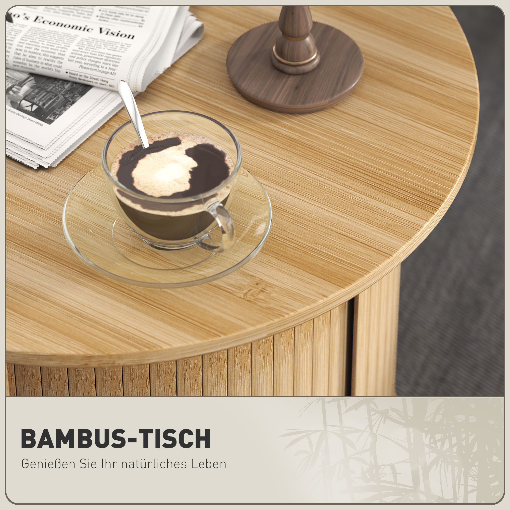 HOMCOM Couchtisch Wohnzimmertisch aus Bambus mit verstecktem Stauraum und Schiebetür (1-St), für Wohnzimmer, Natur, Ø60 x 45 cm – Bild 4 von 5
