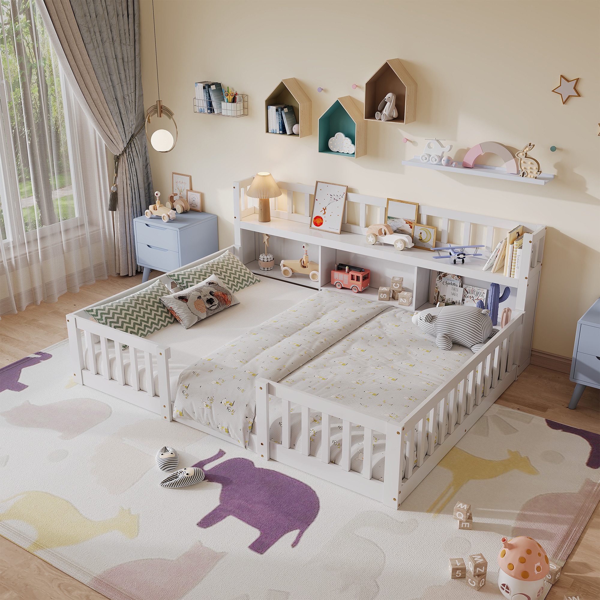 zebery Kinderbett Bodenbett Massivholzbett mit Sicherheitsgittern (Massivholz), Holzbett 140x200cm,Mit Bücherregal,Weiß