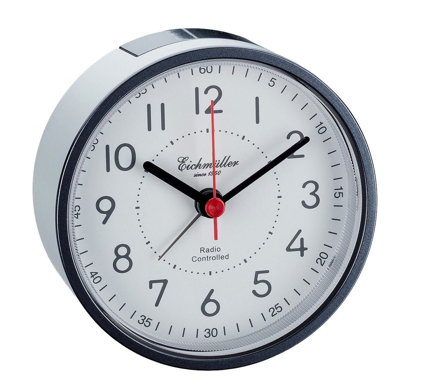 Eichmüller Funkwecker 9841-02 Analog Hellgrau Weiß leise Snooze Beleuchtung Nachttischwecker
