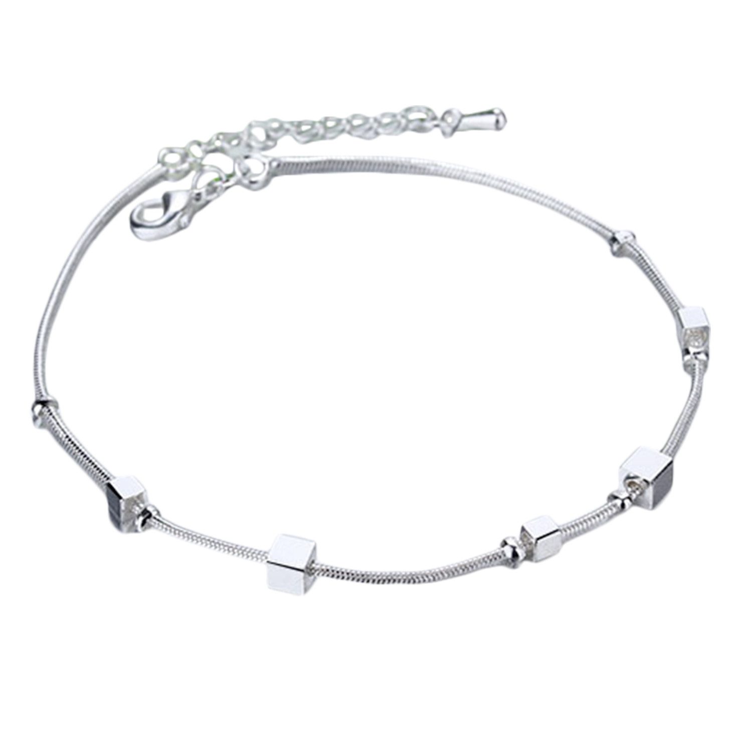 LÖB Fußkette 750er Weißgold vergoldet Fußkette Würfel Perlen Fußkettchen Silber (Geschenke für Frauen Damen Beste Freundin Mutter Mama Ehefrau Oma sie zum Geburtstag Schmuck Herbst Oktoberfest), Kugel Anhänger Schlicht Boho Modern Minimalistisch Strand Schmuck