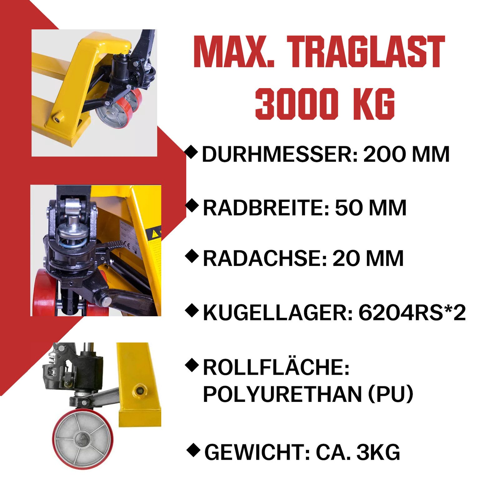 XERSEK Hubwagen Rollen 2X Polyurethan Laufrollen 200x50 mm Max.3000kg Achse 20 mm, Hubwagenrollen Palettenrollen Ersatzrollen Räder Rollen für Hubwagen