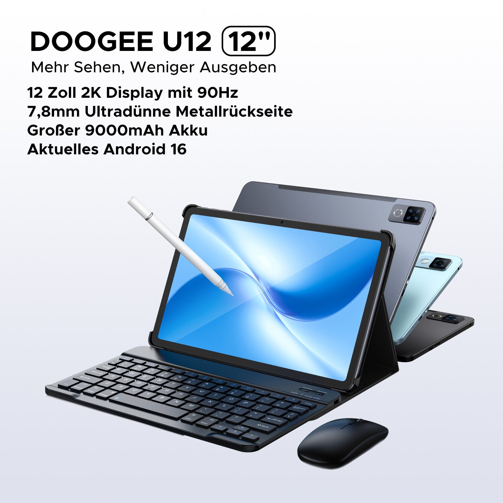 DOOGEE U12 Android 16 12 Zoll Tablet, 9000mAh, 90Hz, 6GB RAM+128GB/2TB Tablet (12", 128 GB, Android 16, Wifi, Gemini AI, 13MP+8MP, 7,8mm dünn, Tastatur+Stift+Maus+Hülle Set)