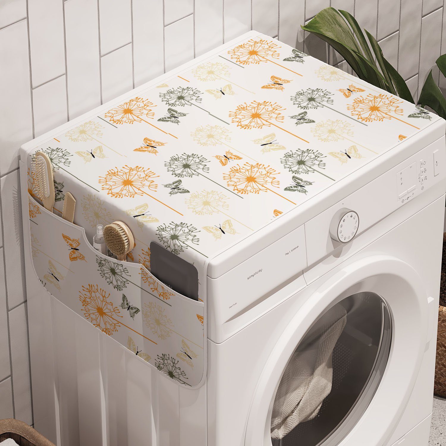 Abakuhaus Badorganizer Anti-Rutsch-Stoffabdeckung für Waschmaschine und Trockner, Schmetterling Kräuter-Blüten Löwenzahn