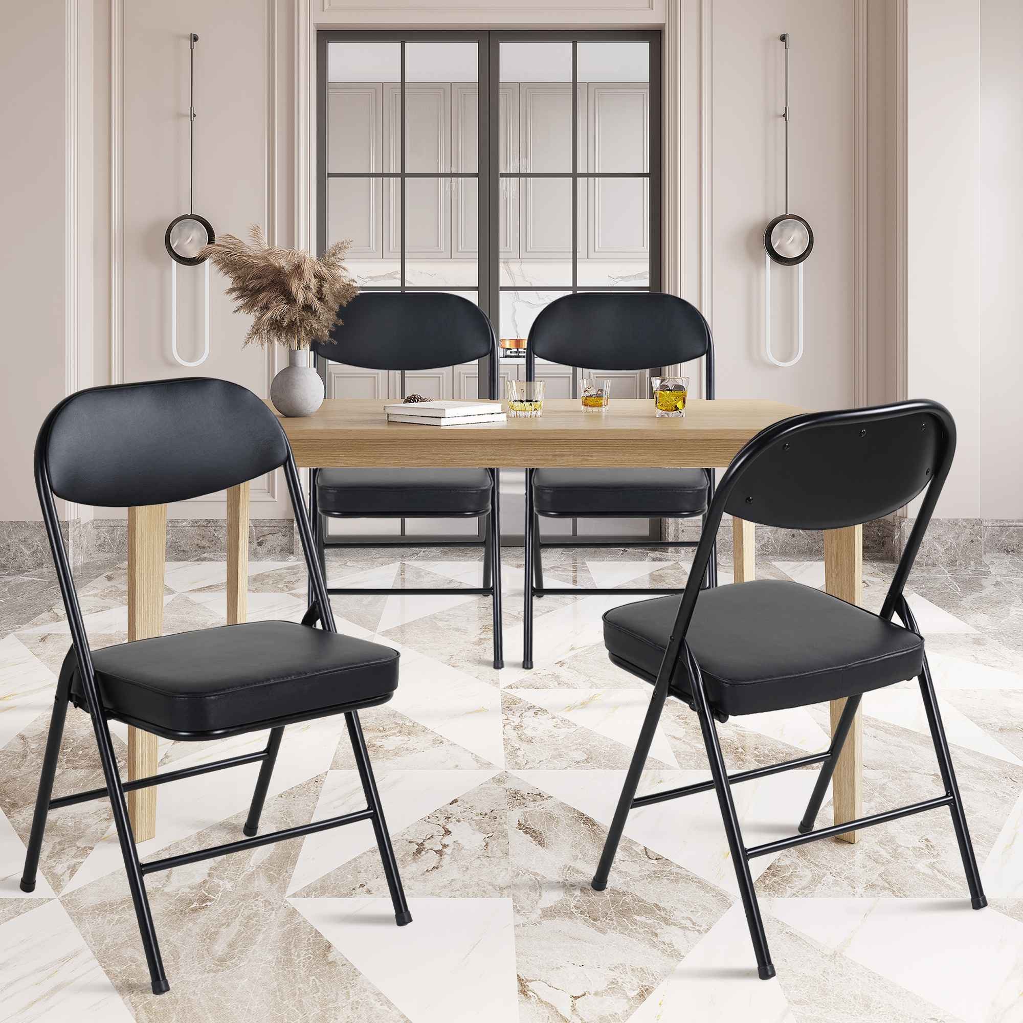 BBG Faltstuhl 4er Set Klappstuhl Gepolstert Faltstuhl mit Rückenlehne (Metallrahmen Stahl, Kunstleder Sitz, Klappstühle Belastbar 100 kg), Platzsparend für Küche Büro Party Camping Gäste